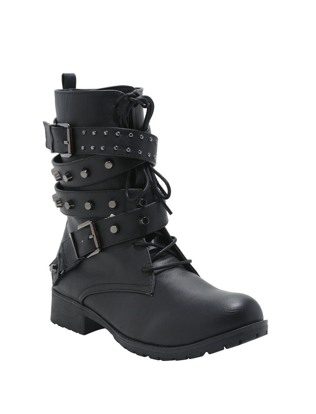 Black Wrap Strap Buckle Boots, BLACK, hi-res
