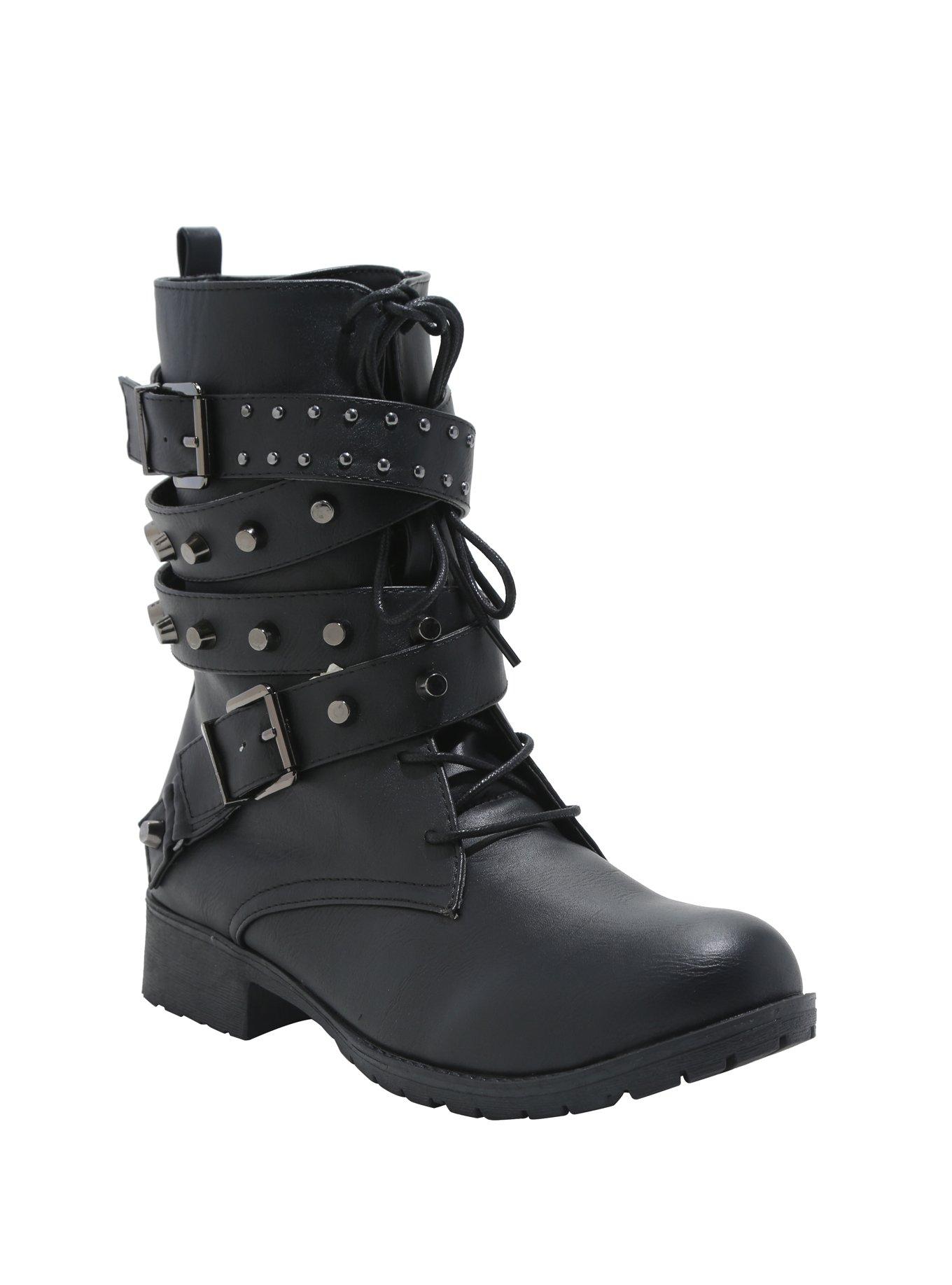 Black Wrap Strap Buckle Boots, BLACK, hi-res