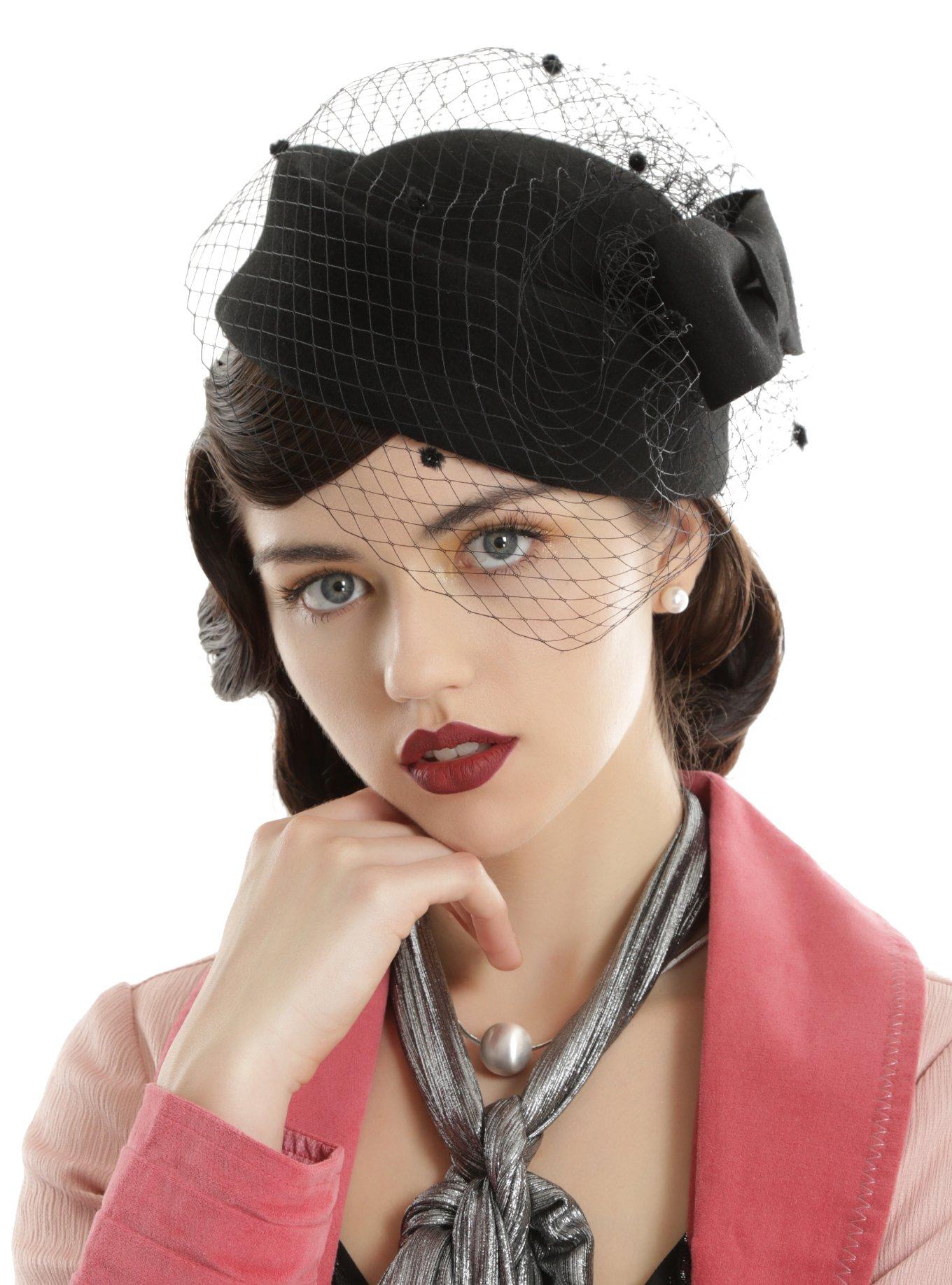 Black Felt Bow & Net Blusher Cocktail Hat Fascinator, , hi-res