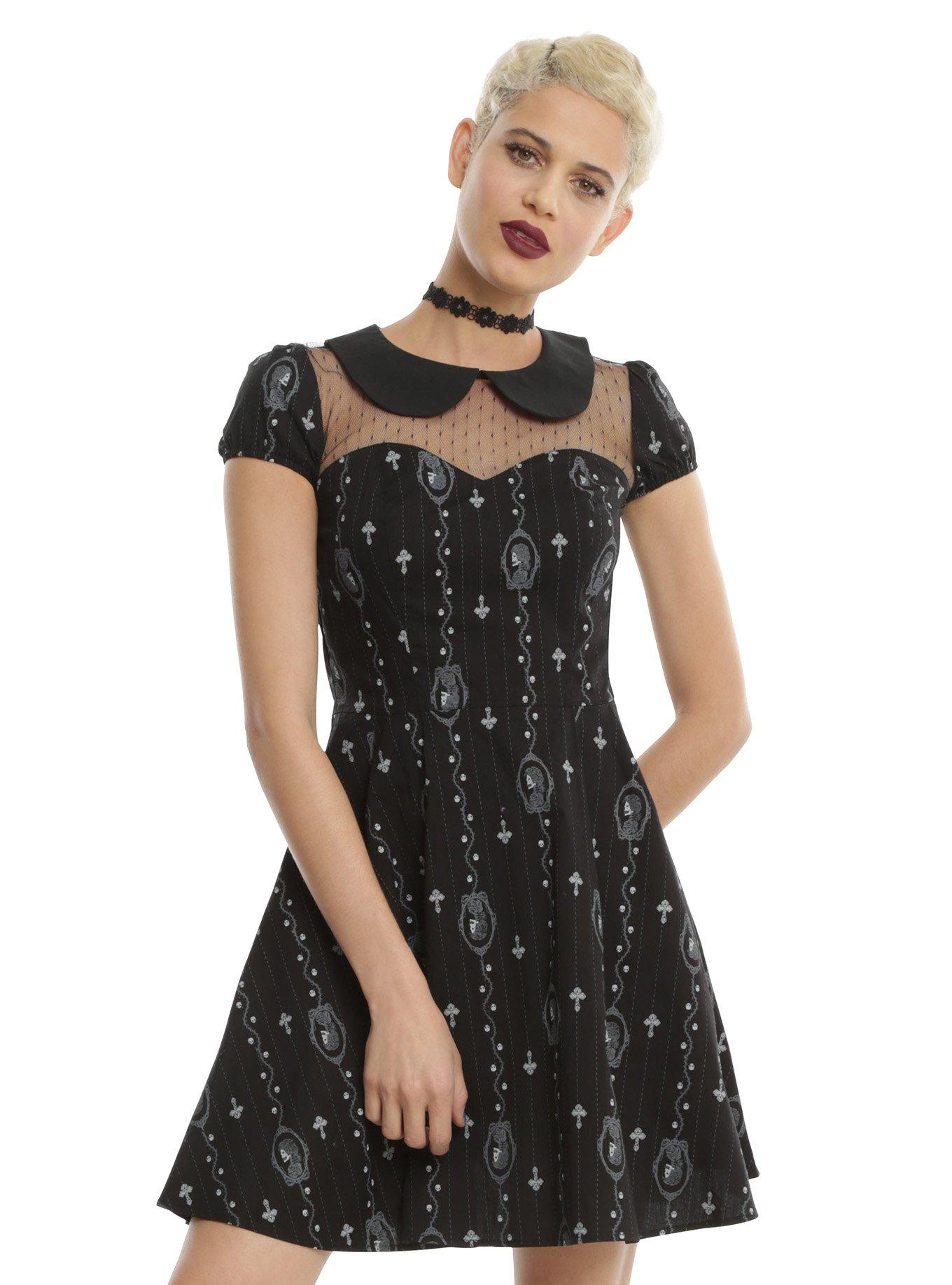 Hell Bunny Gemma Skull Cameo Collar Dress, BLACK, hi-res