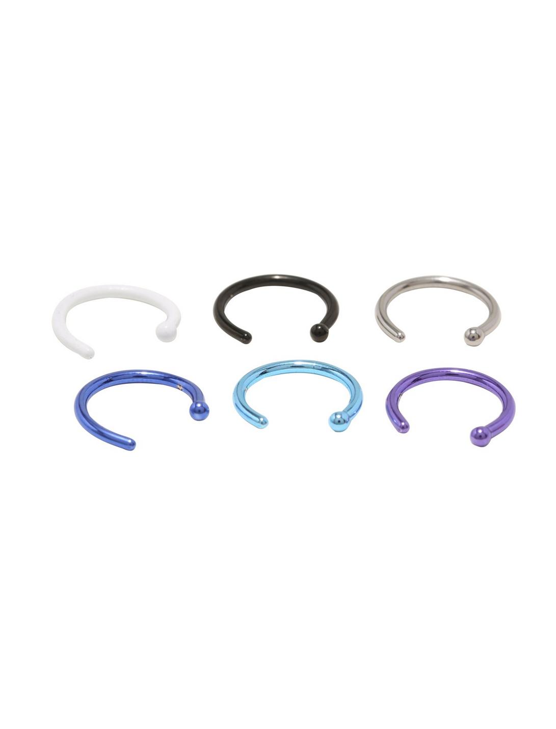 Steel Purple Turquoise & Blue Open Hoop Nose 6 Pack, MULTI, hi-res