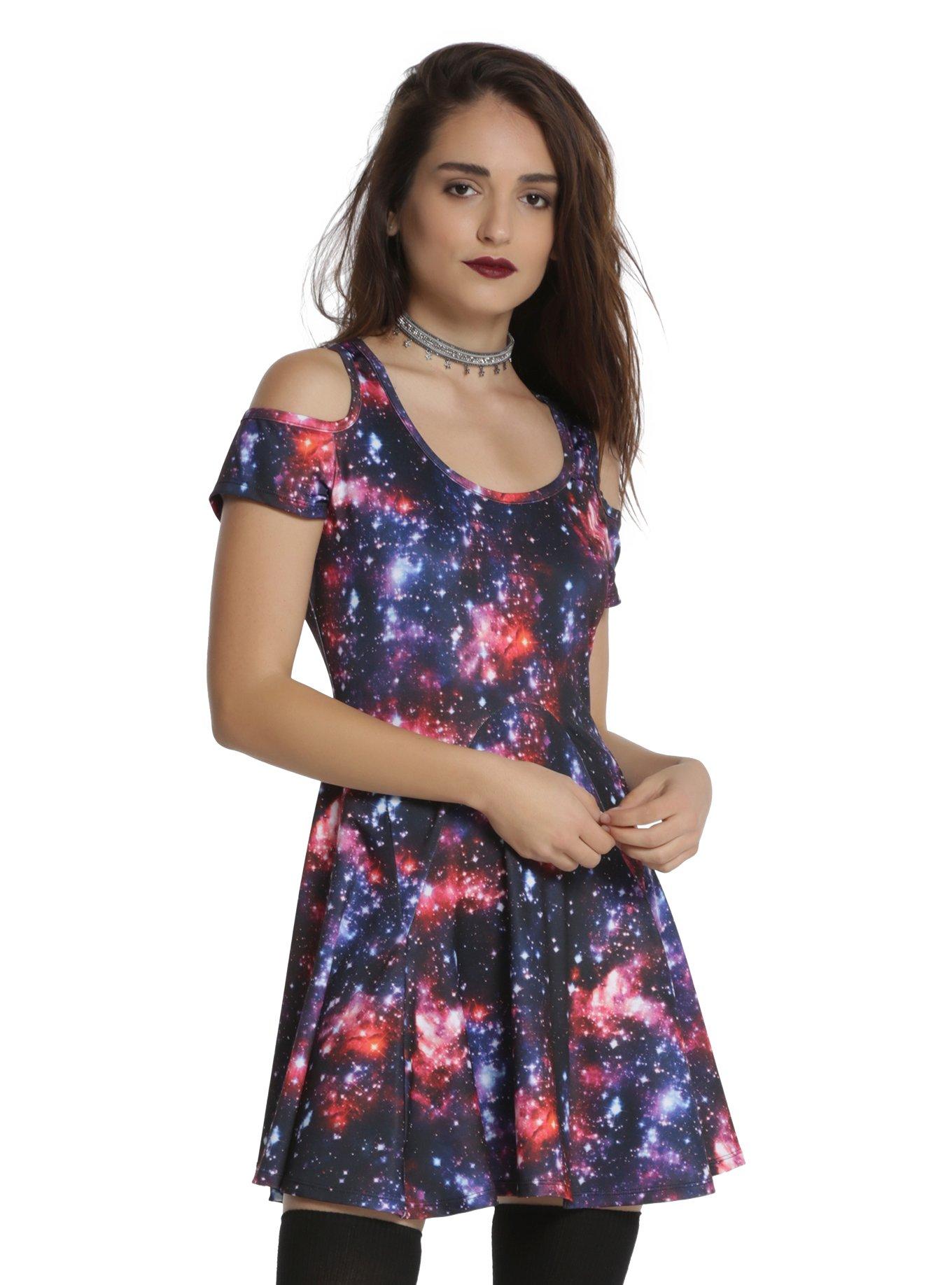 Galaxy Print Cold Shoulder Dress, BLACK, hi-res