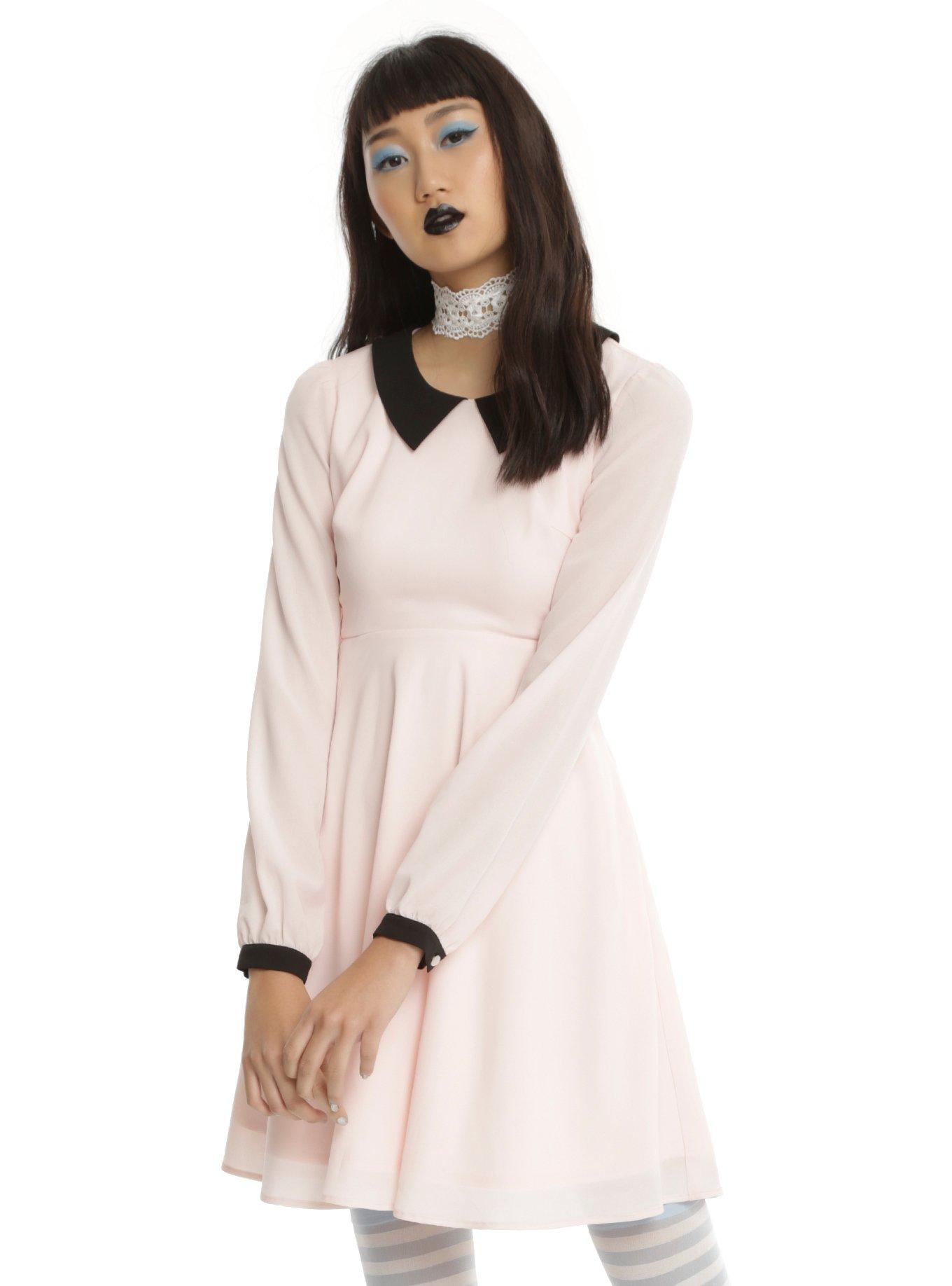 Blush & Black Collared Long-Sleeved Fit & Flare Dress, PINK, hi-res
