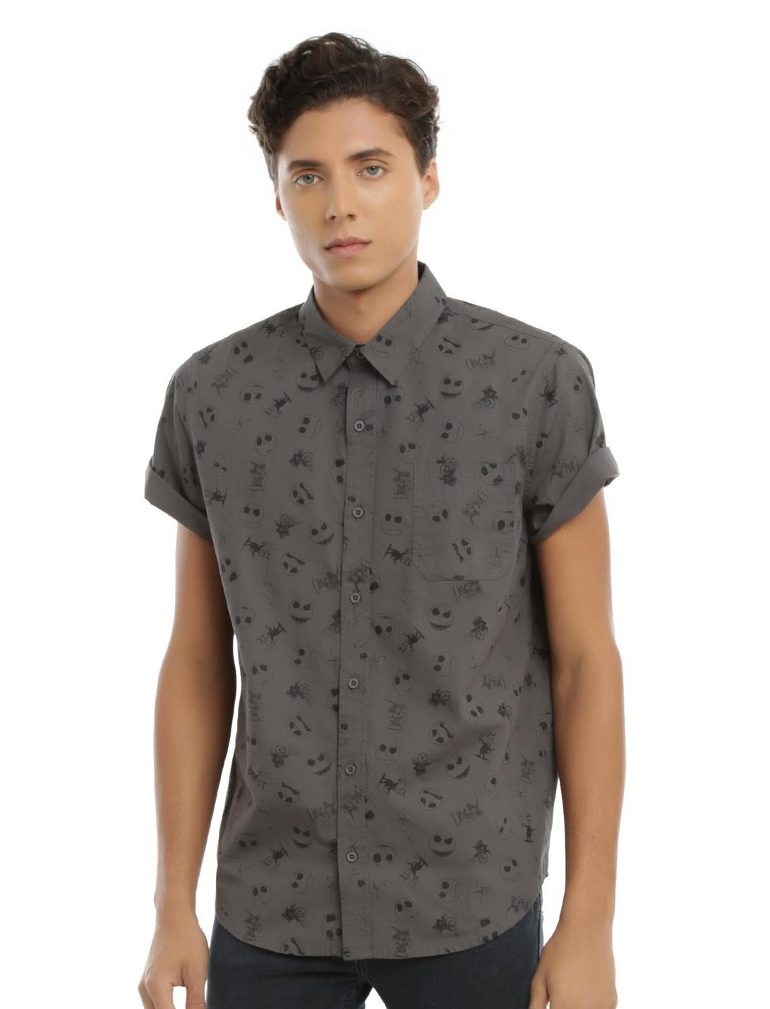 The Nightmare Before Christmas Jack Face Woven Button-Up, GREY, hi-res