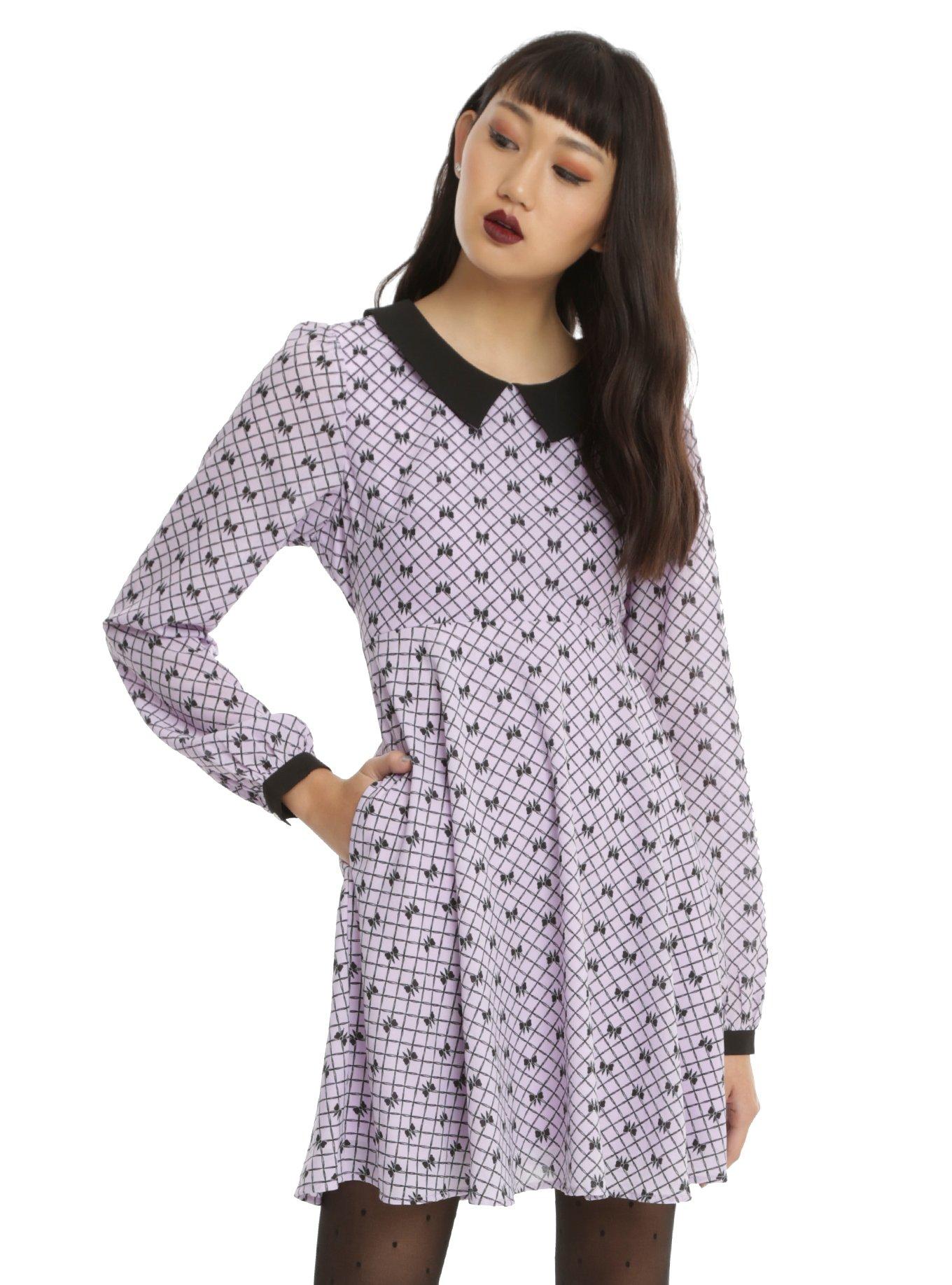 Lavender & Black Collar Bow Print Fit & Flare Dress, PINK, hi-res