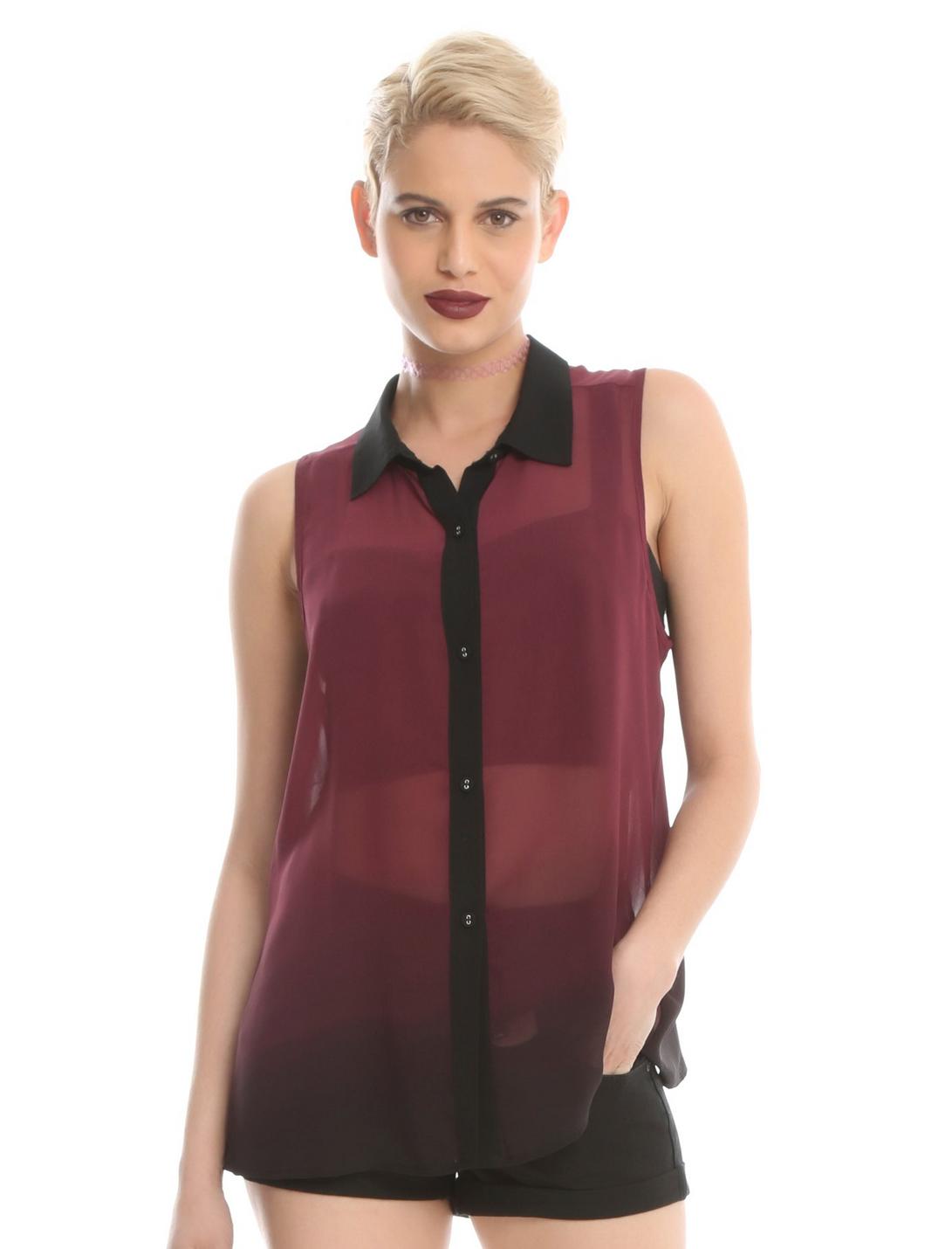 Burgundy & Black Ombre Girls Woven Button-Up Chiffon Tank Top, RED, hi-res