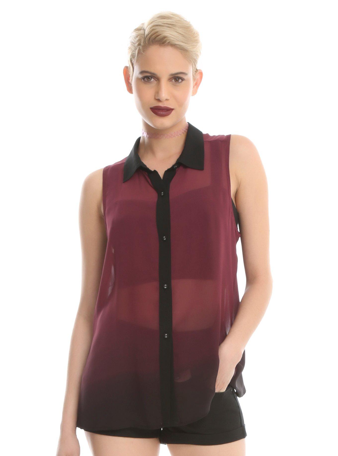 Burgundy & Black Ombre Girls Woven Button-Up Chiffon Tank Top, RED, hi-res