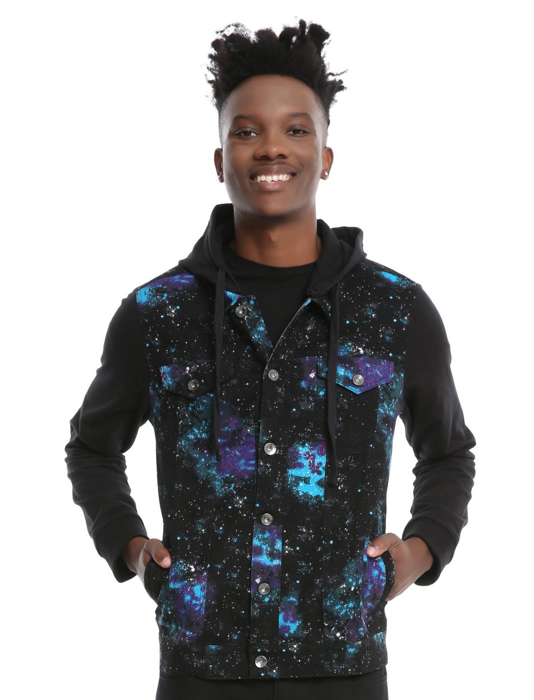 XXX RUDE Galaxy Print Denim Black Fleece Hooded Jacket, BLUE, hi-res
