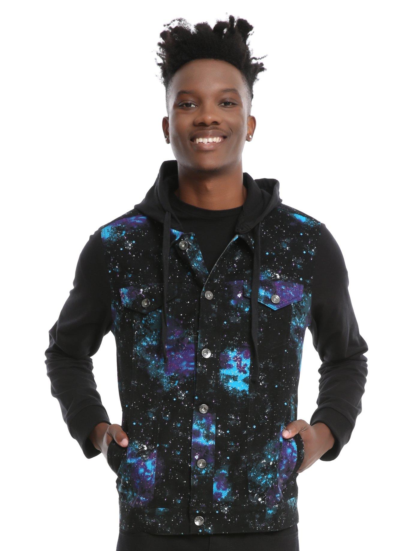 XXX RUDE Galaxy Print Denim Black Fleece Hooded Jacket, BLUE, hi-res