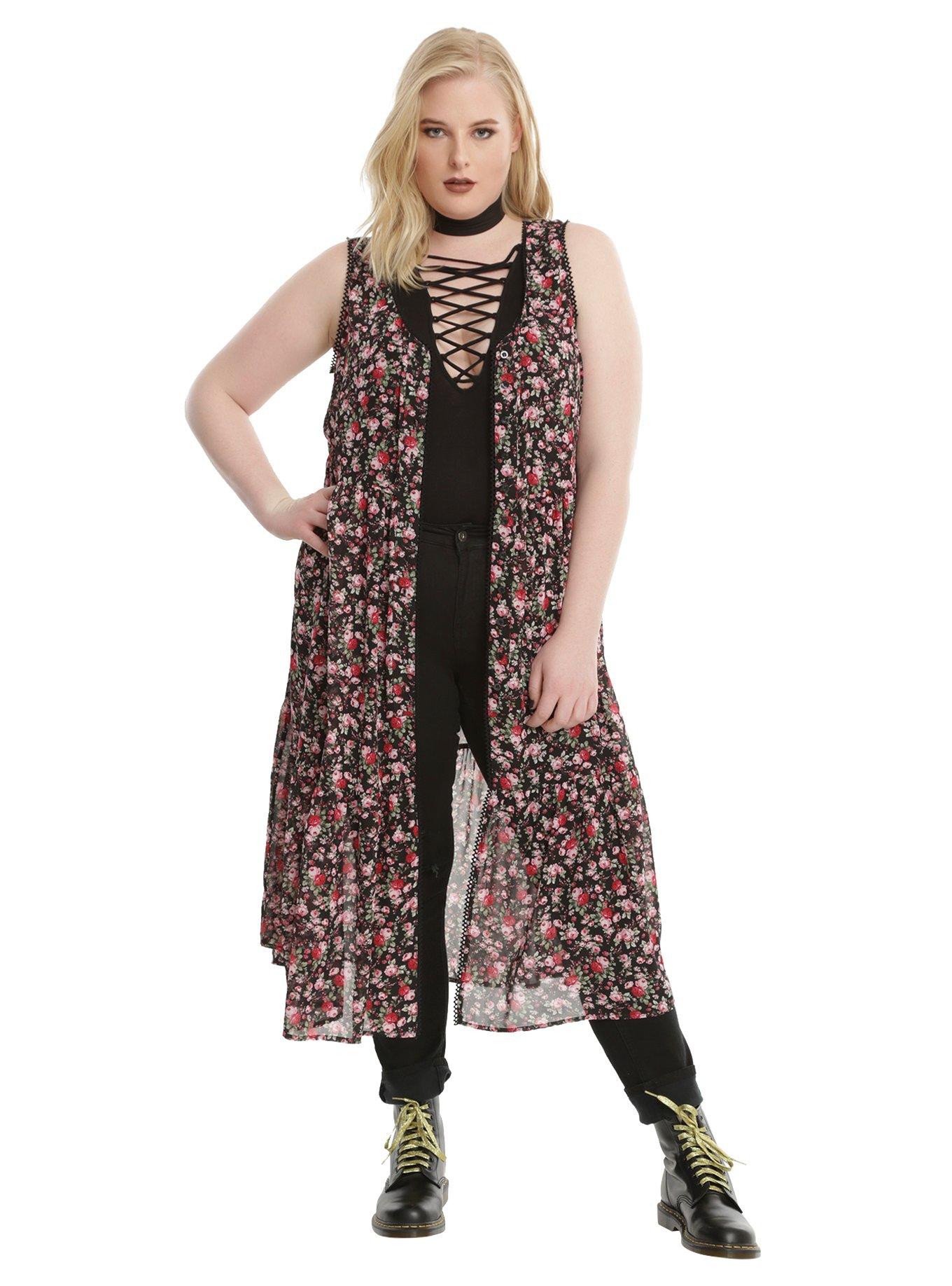 Floral Chiffon Duster Plus Size, BLACK, hi-res