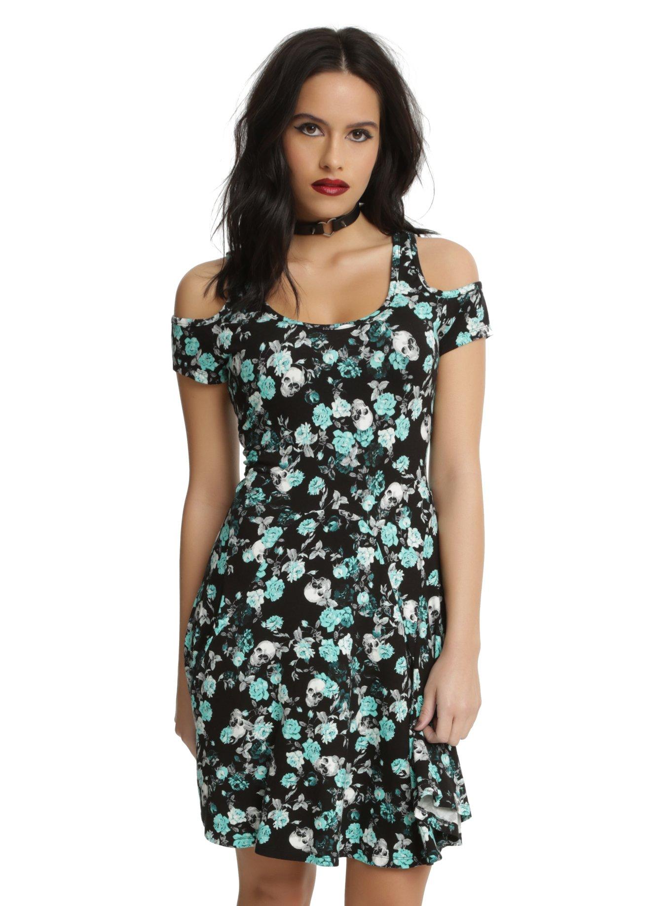 Black & Mint Floral Skull Cold Shoulder Dress, GREEN, hi-res