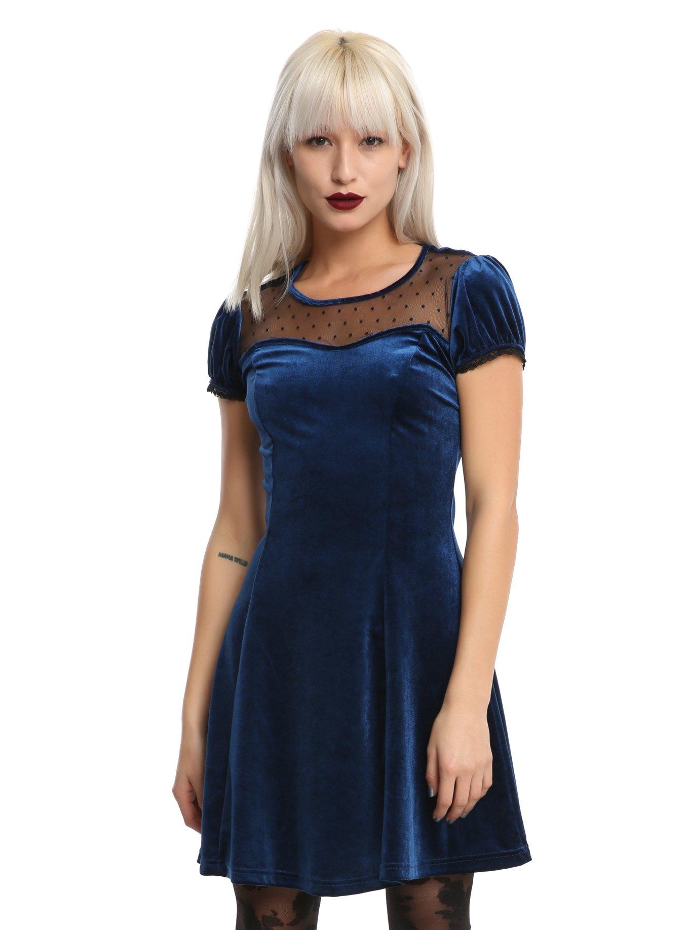 Blue Velvet Swiss Dot Yoke Dress, BLUE, hi-res