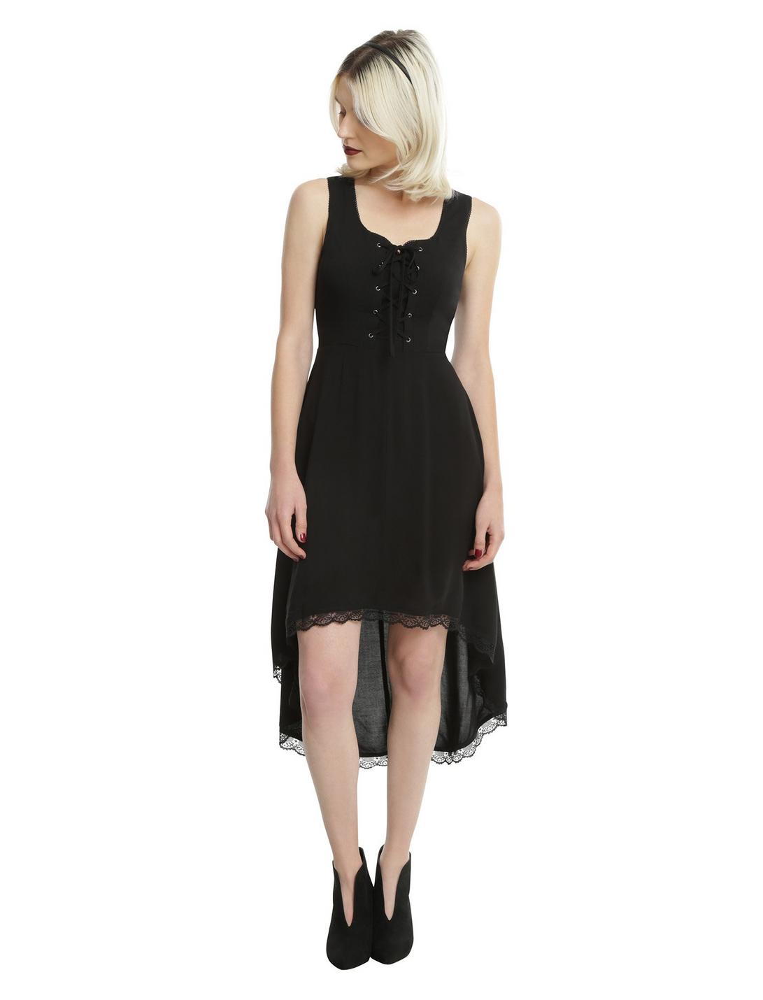 Black Lace-Up Front Hi-Low Hem Dress, BLACK, hi-res