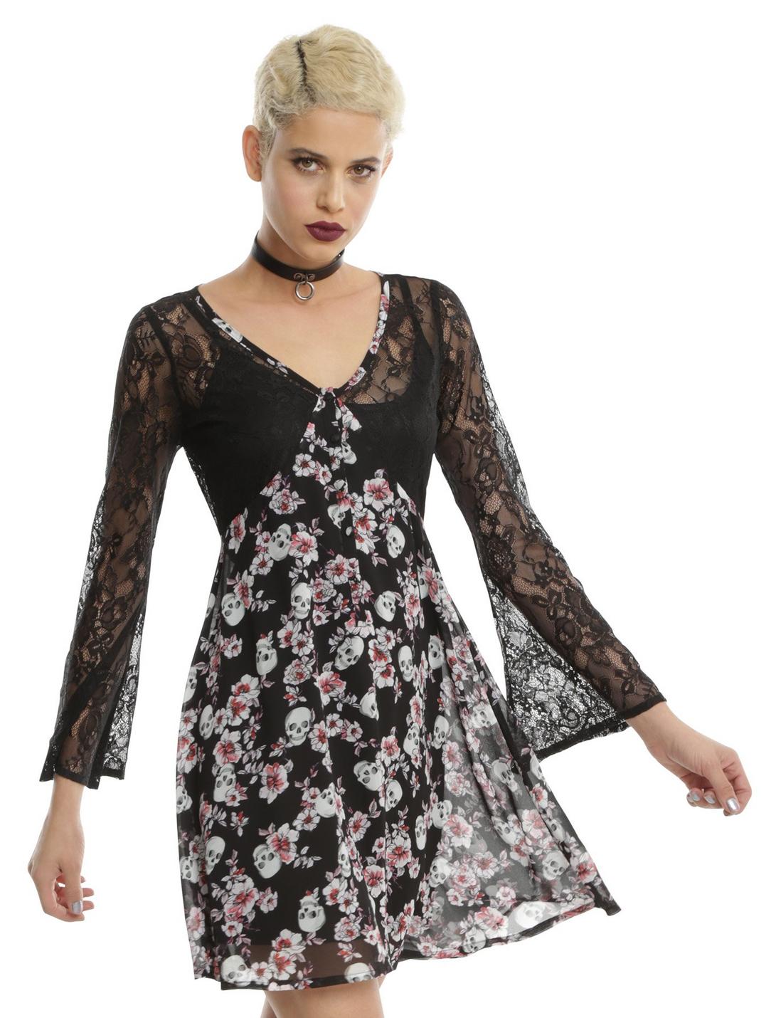 Skull Floral Black Lace Bell Sleeve Chiffon Dress, BLACK, hi-res