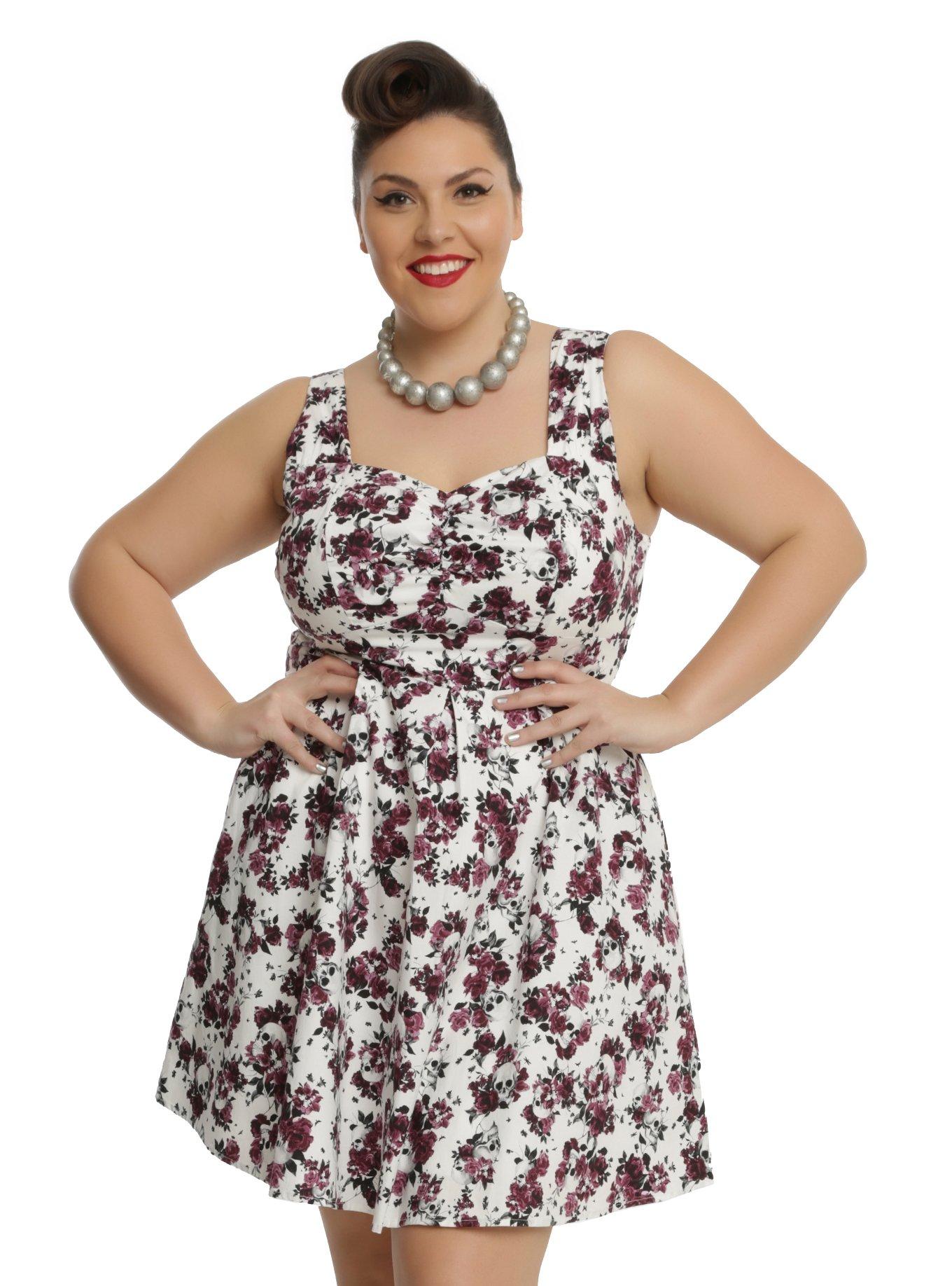 White Skull & Floral Print Fit & Flare Dress Plus Size, WHITE, hi-res