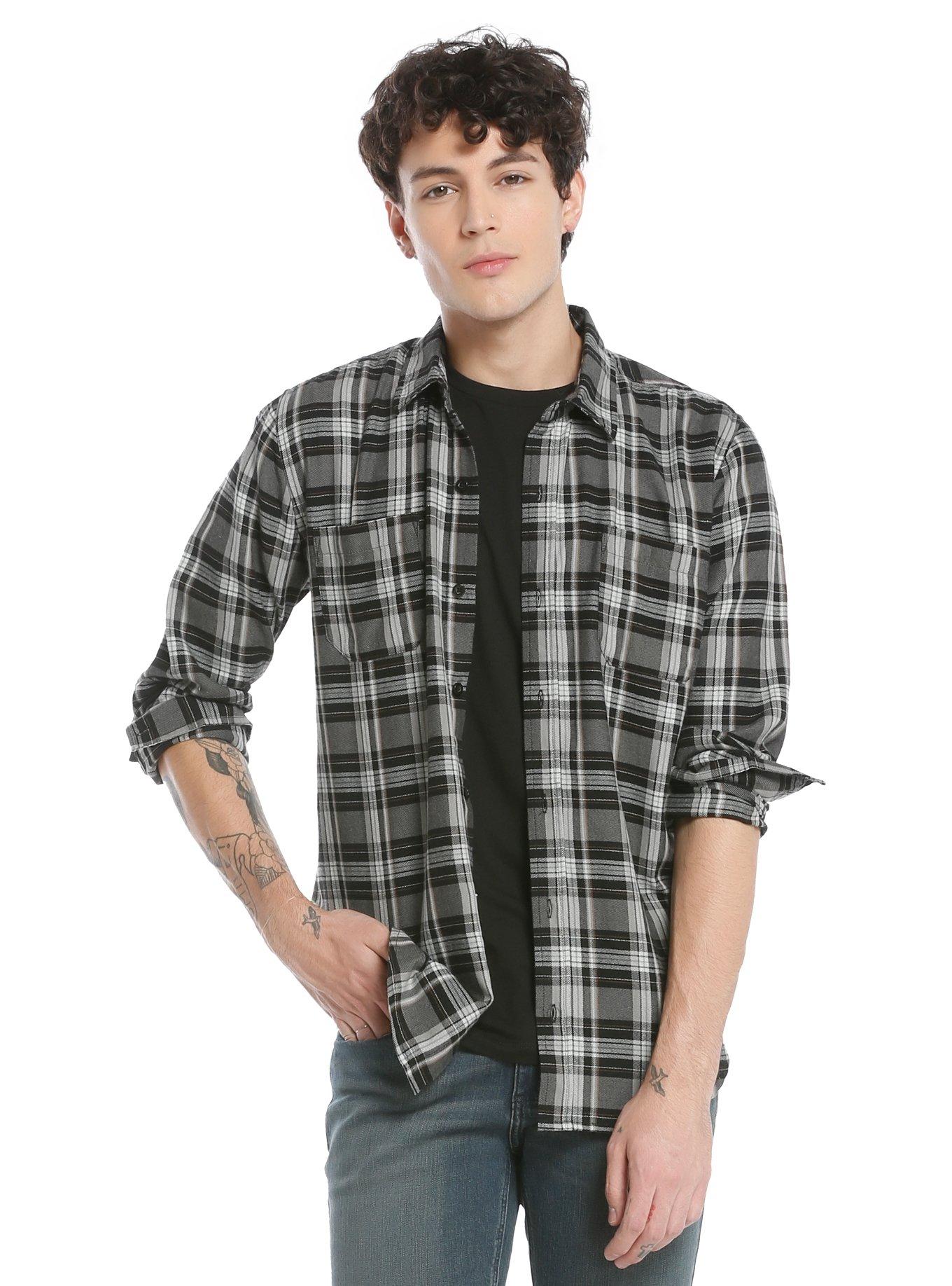 XXX RUDE Grey Black & Brown Plaid Woven Button-Up, GREY, hi-res