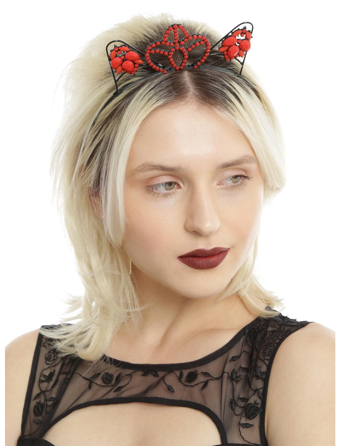 Red & Black Jeweled Tiara Cat Ear Headband, , hi-res