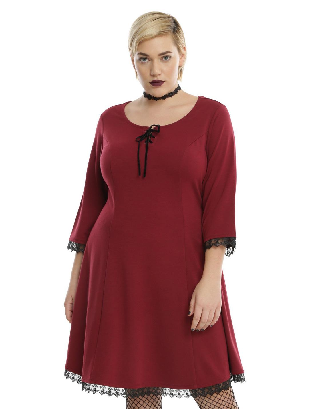 Burgundy Lace-Up Trim Dress Plus Size, RED, hi-res