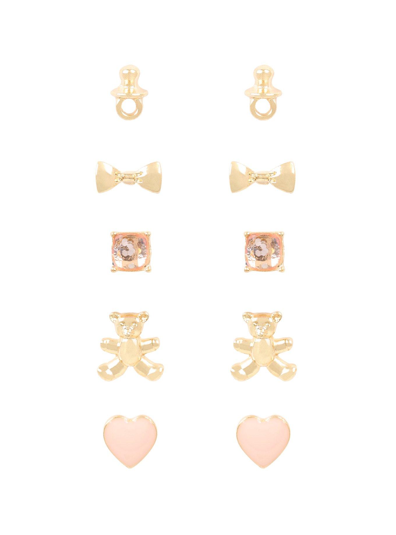 Gold & Pink Baby Doll Earrings Set, , hi-res