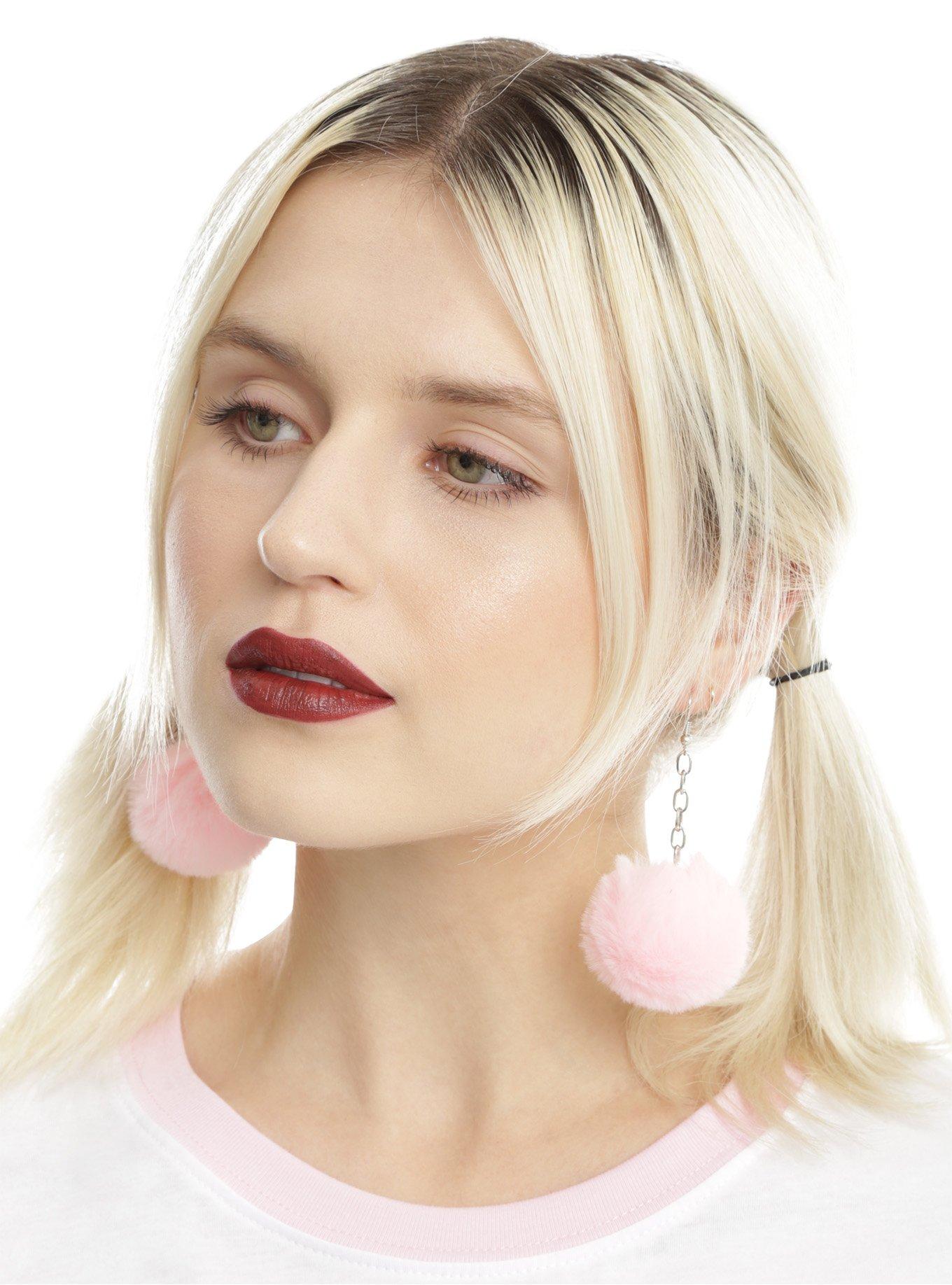 Pastel Pink Puff Ball Earrings, , hi-res