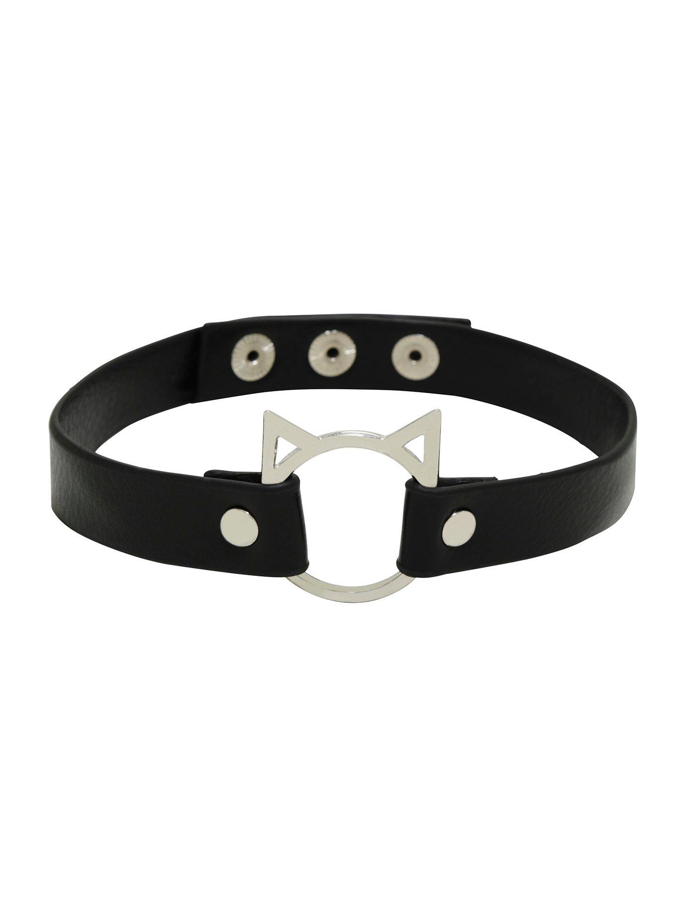 Silver Cat Black Faux Leather Choker, , hi-res