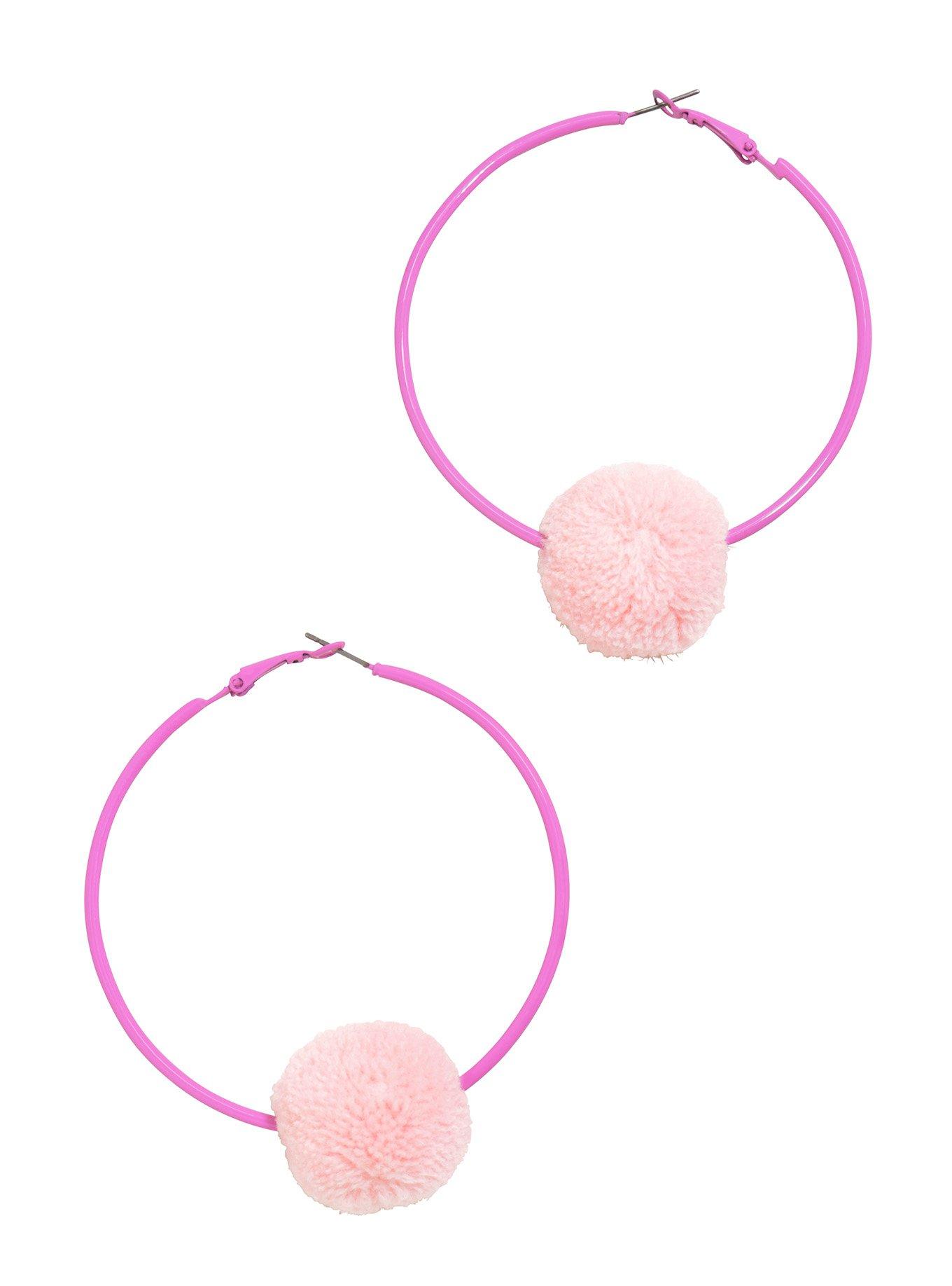 Blackheart Pink Puff Ball Hoop Earrings, , hi-res