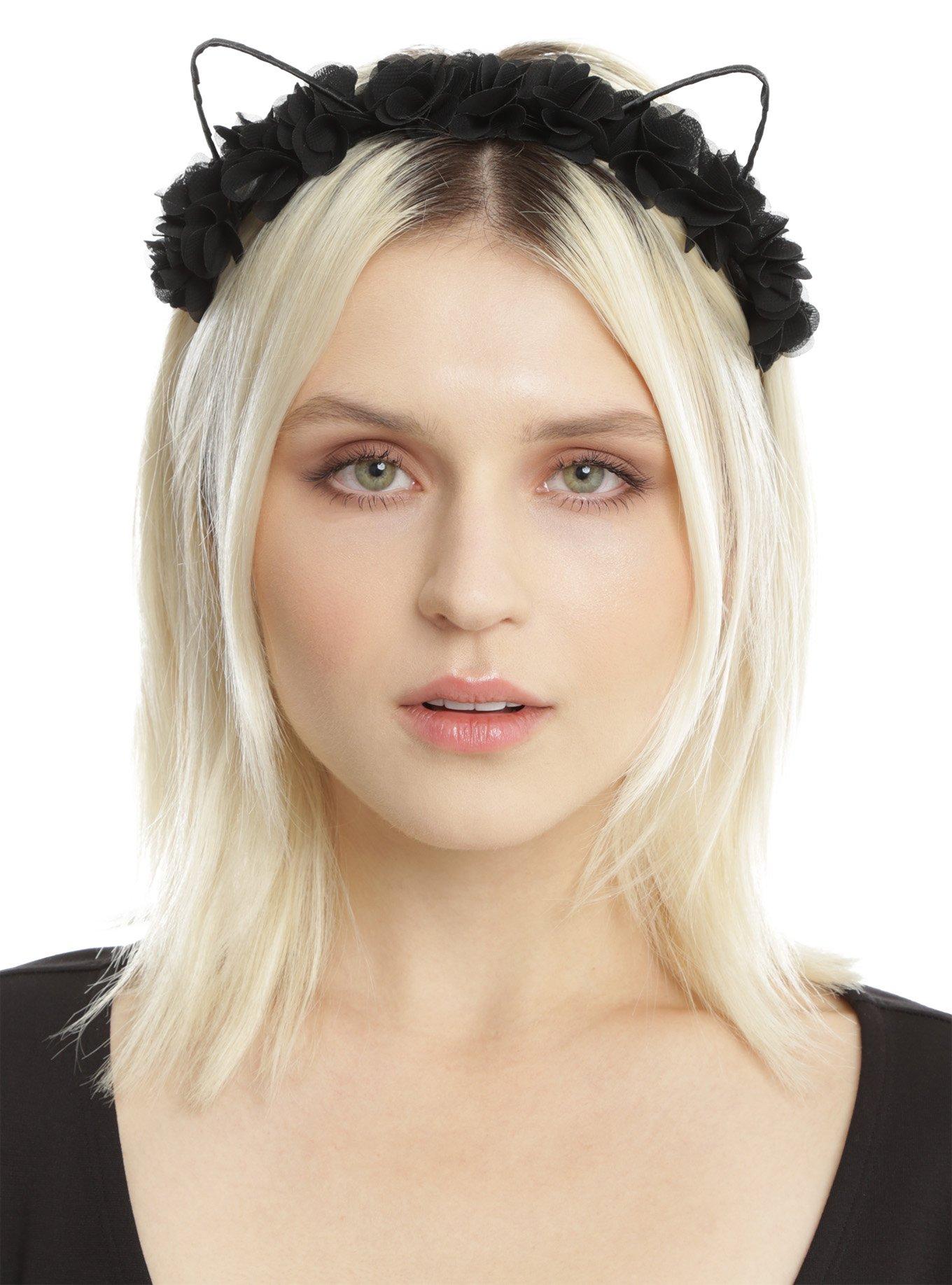 Black Floral Crown Cat Ear Headband, , hi-res