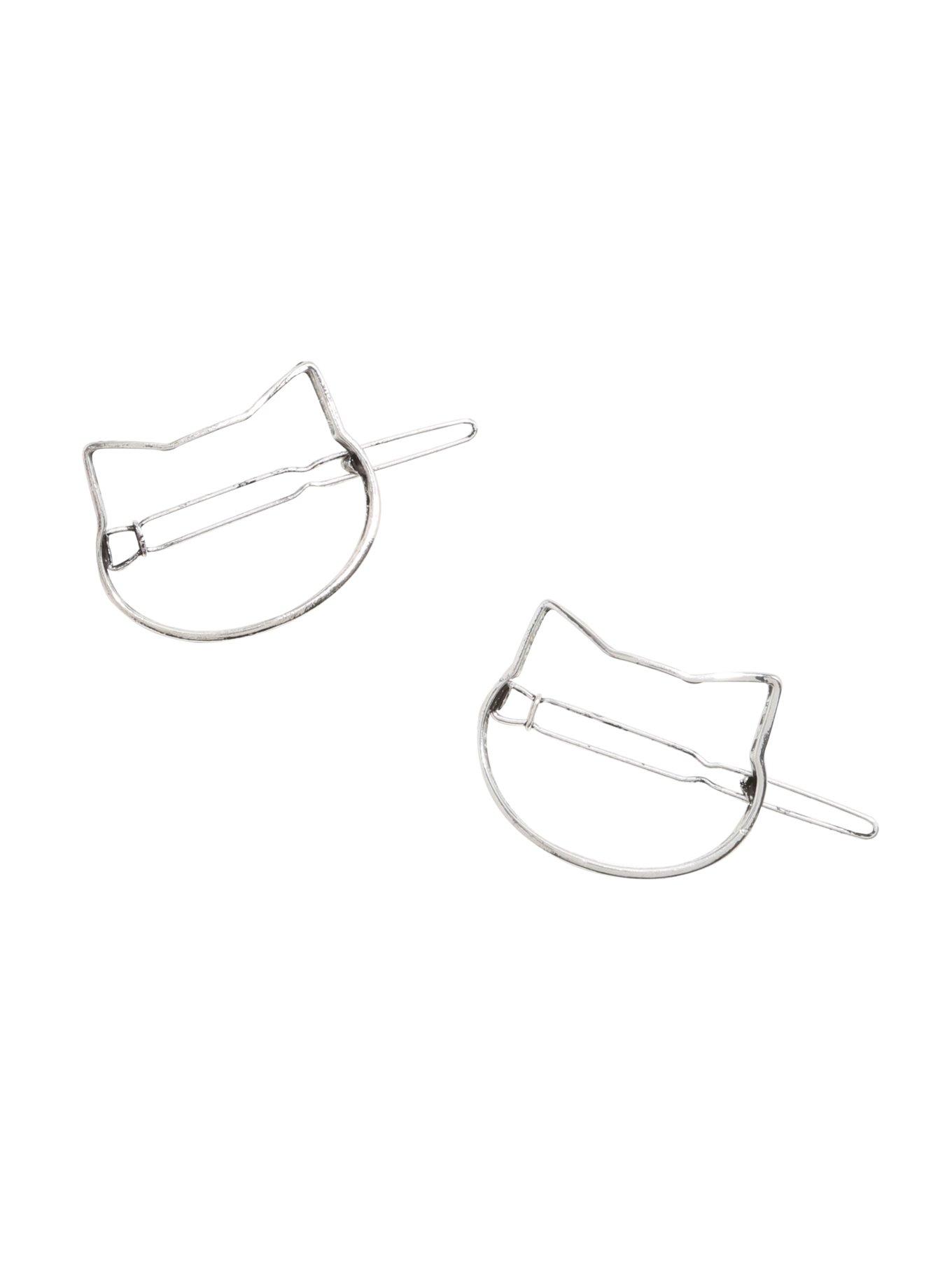 Blackheart Silver Cat Head Hair Clips, , hi-res