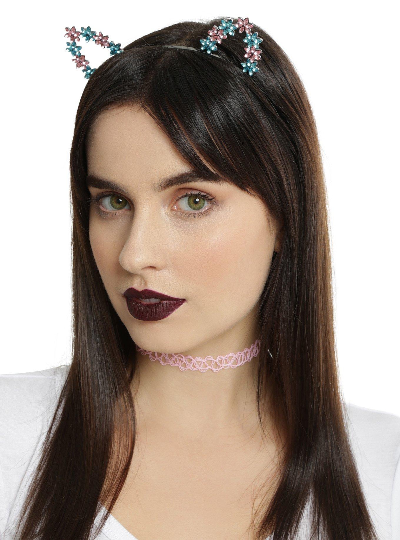 Teal & Pink Gem Flower Cat Ear Headband, , hi-res