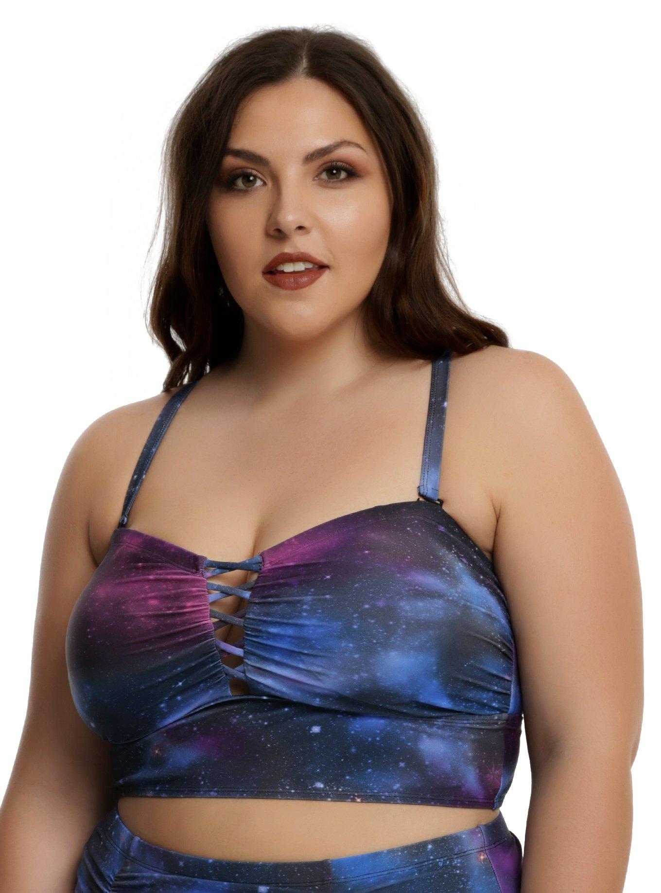 Galaxy Print Swim Top Plus Size, MULTI, hi-res