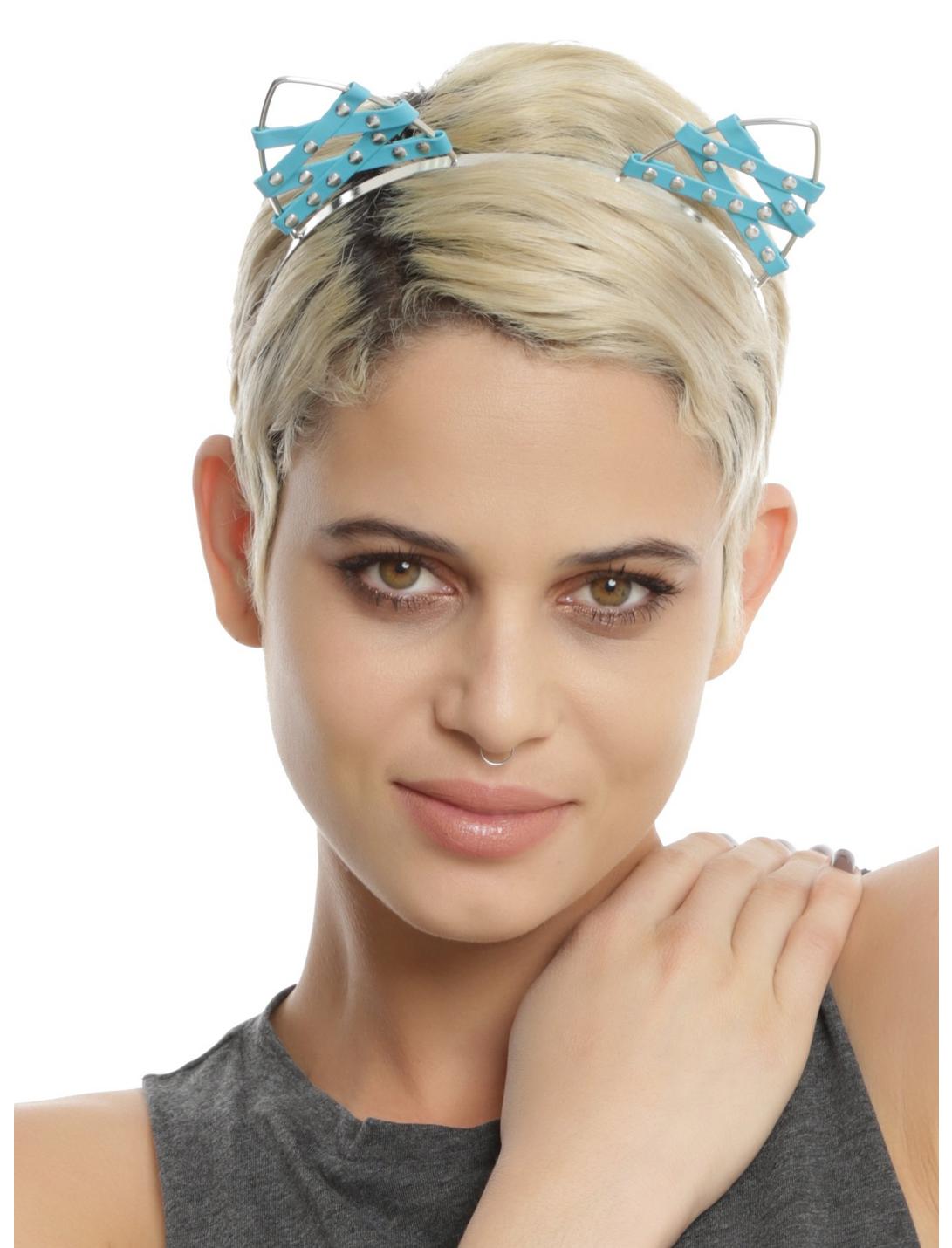 Studded Teal Faux Leather Cat Ear Headband, , hi-res