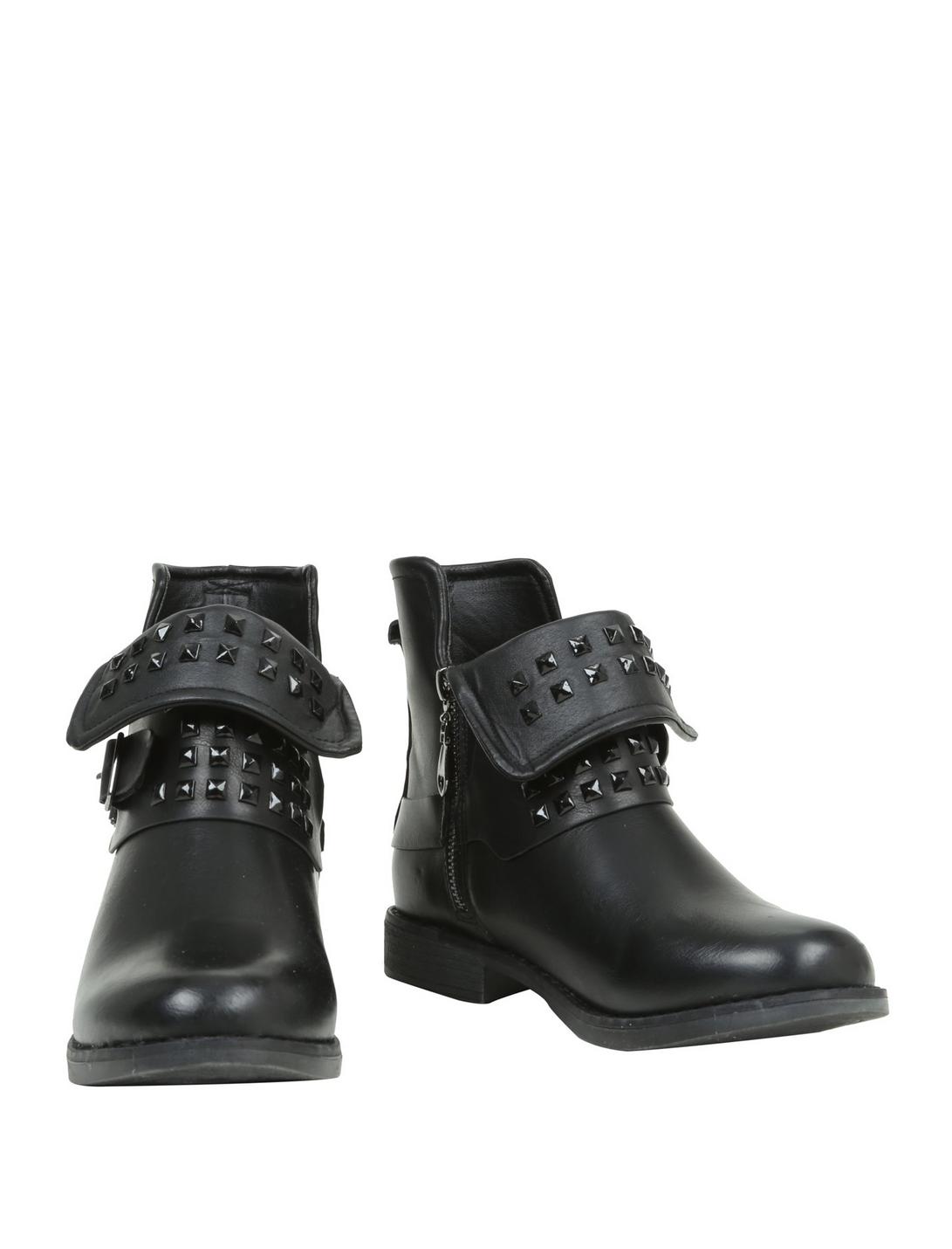Black Buckle Studded Fold-Over Boots, BLACK, hi-res