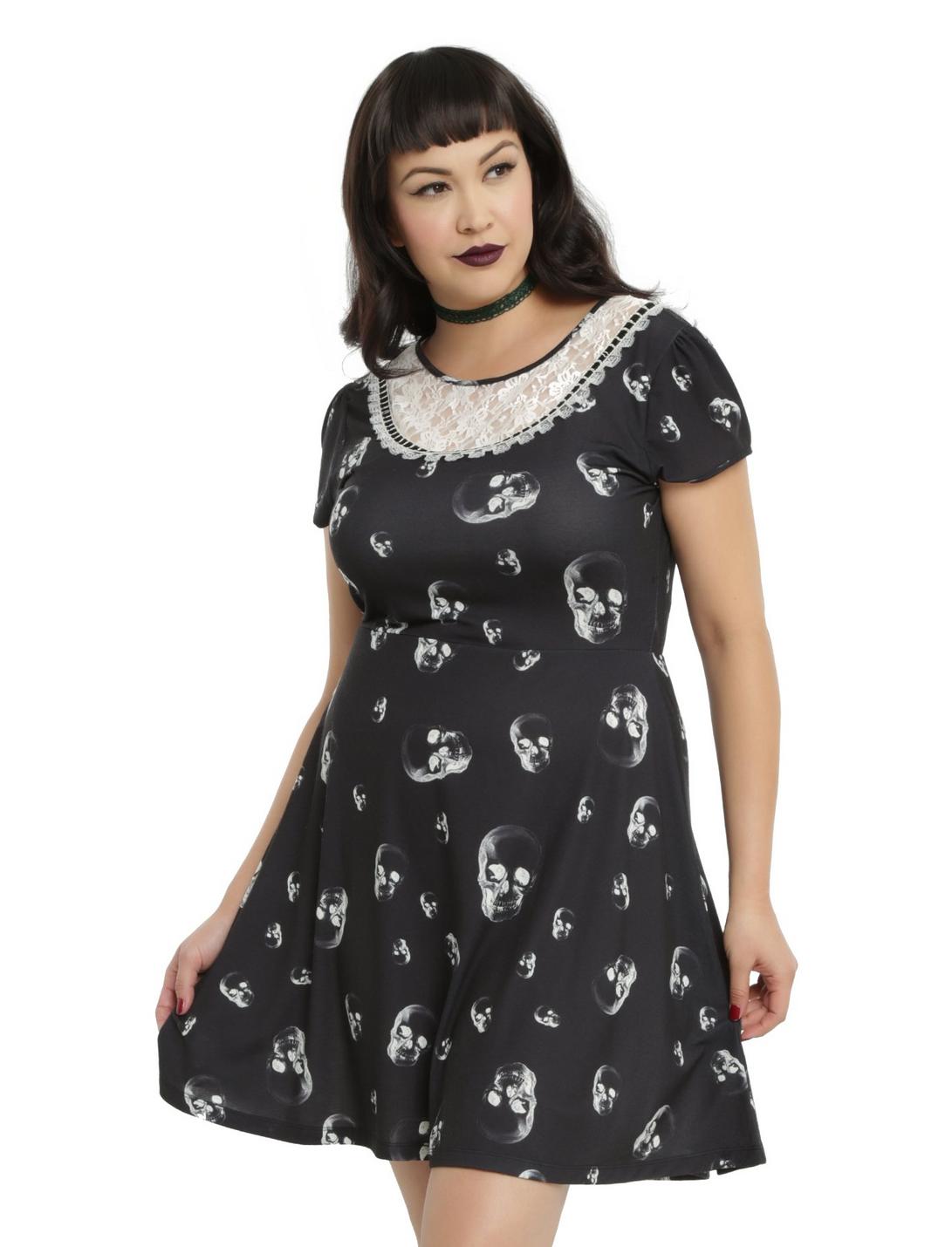 Black & White Skull Print Lace Bib Skater Dress Plus Size, BLACK, hi-res
