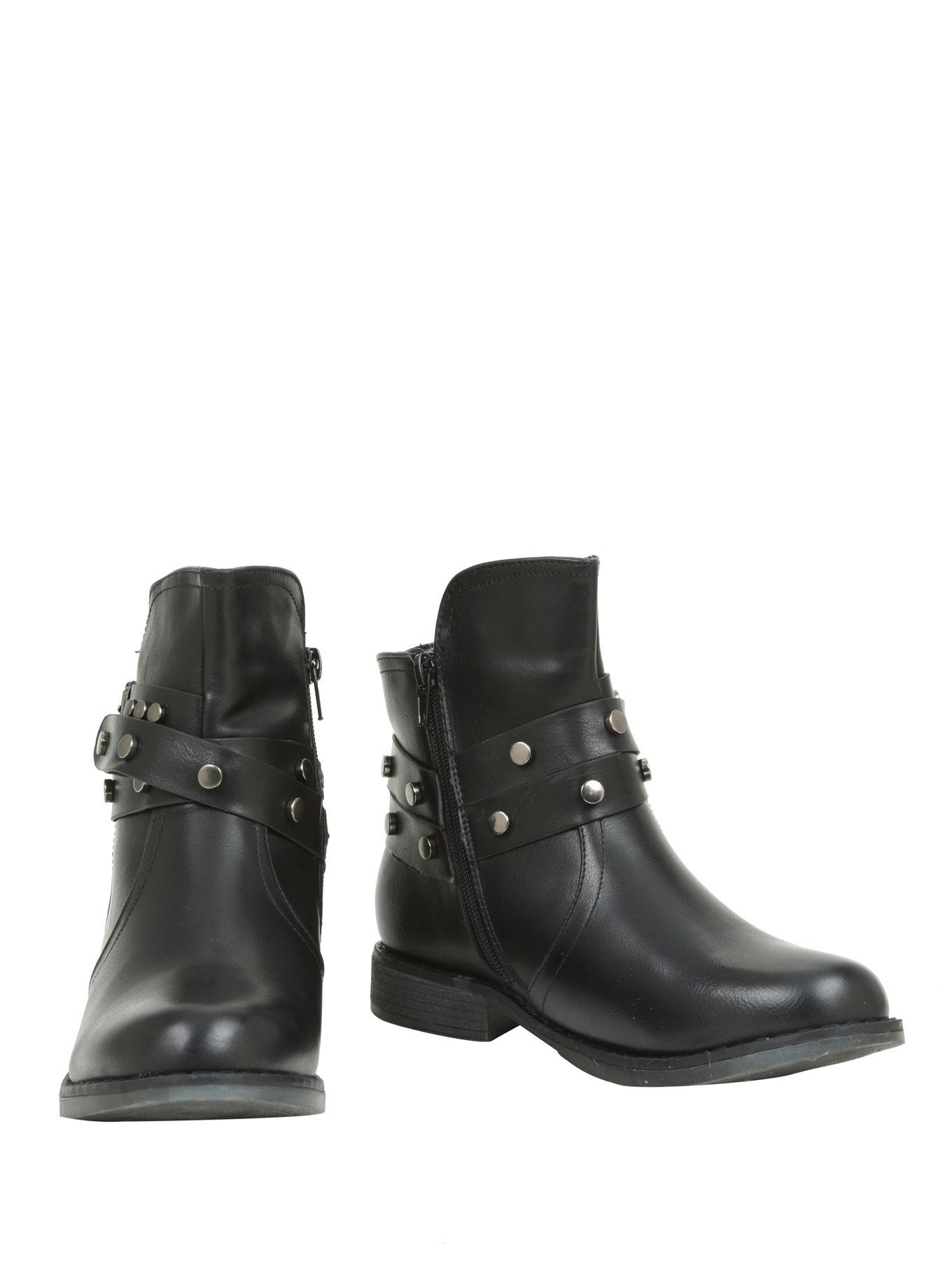 Black Studded Buckle Ankle Boots, BLACK, hi-res