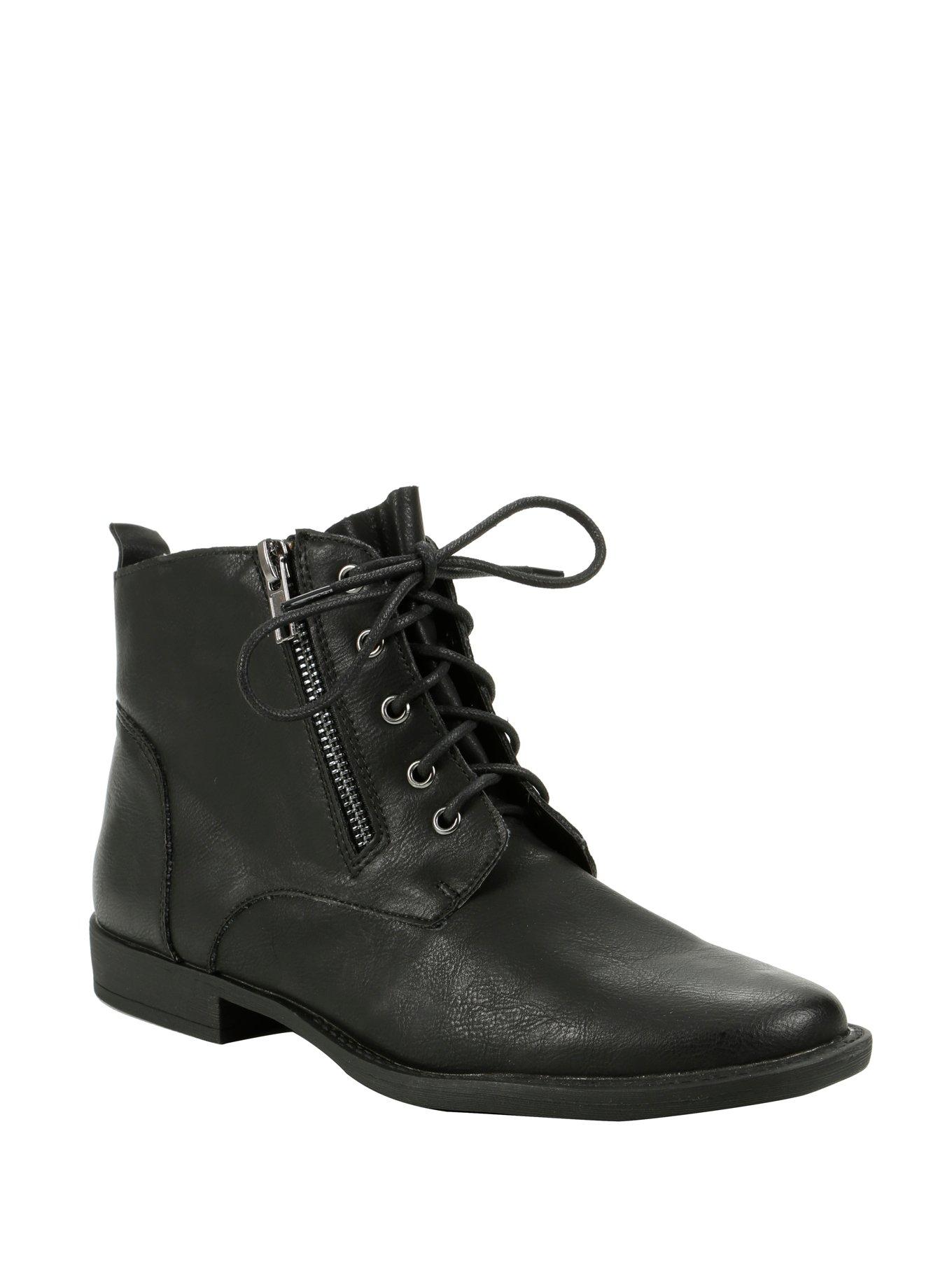 Black Lace-Up Zipper Ankle Booties, BLACK, hi-res