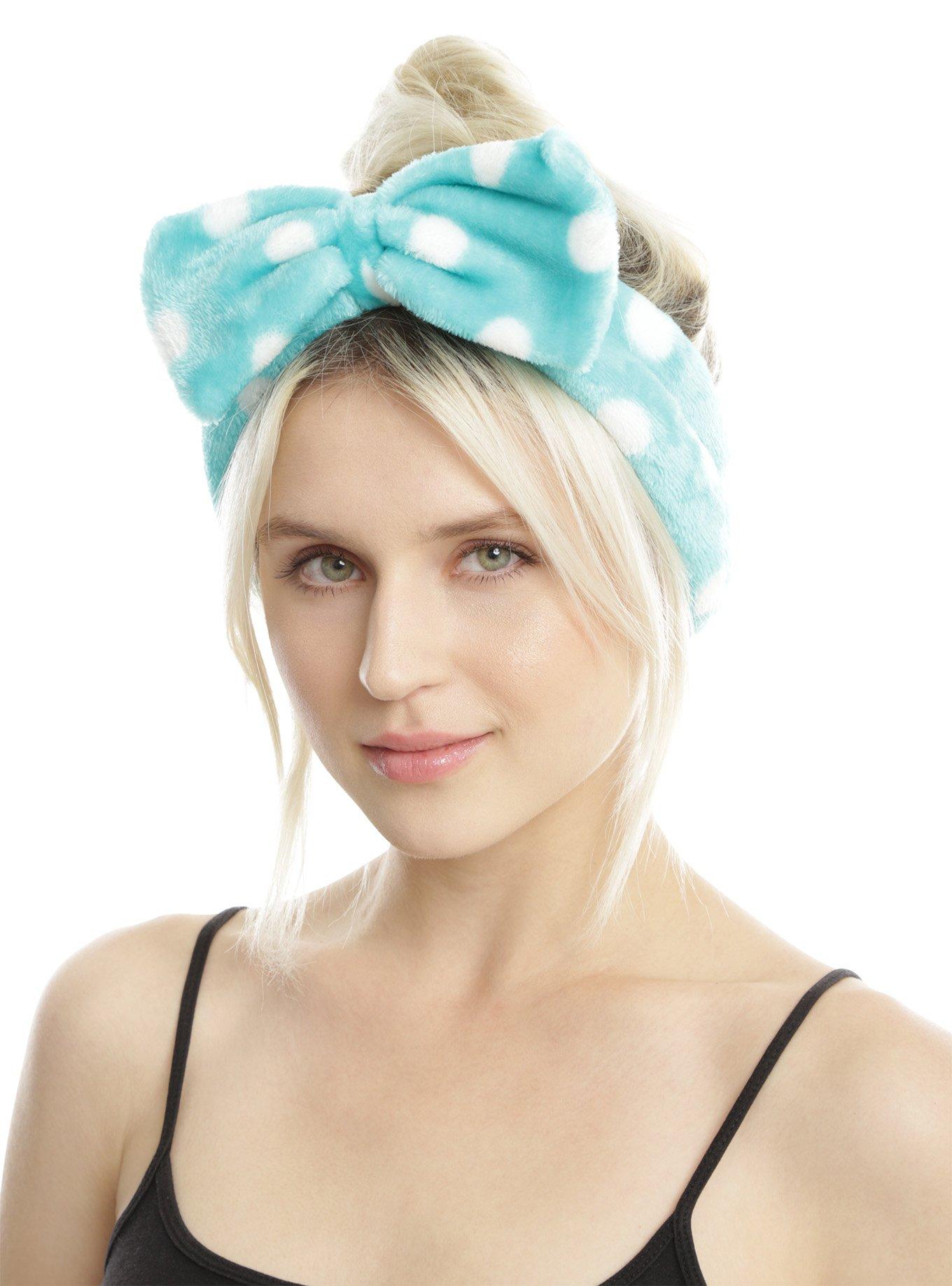 Teal & White Polka Dot Plush Bath Headband, , hi-res