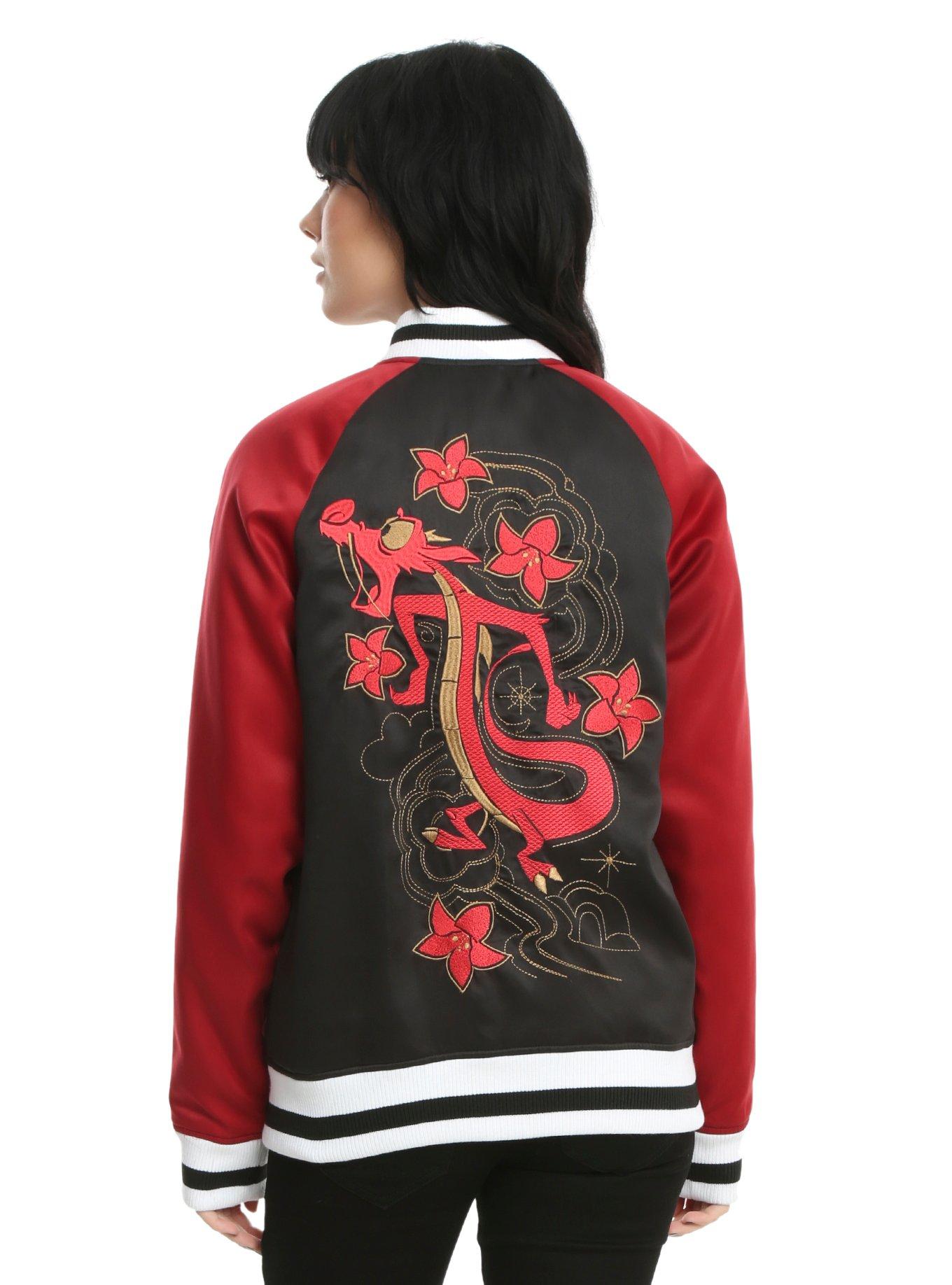 Black Body with Red Sleeves Satin Girls Varsity Jacket