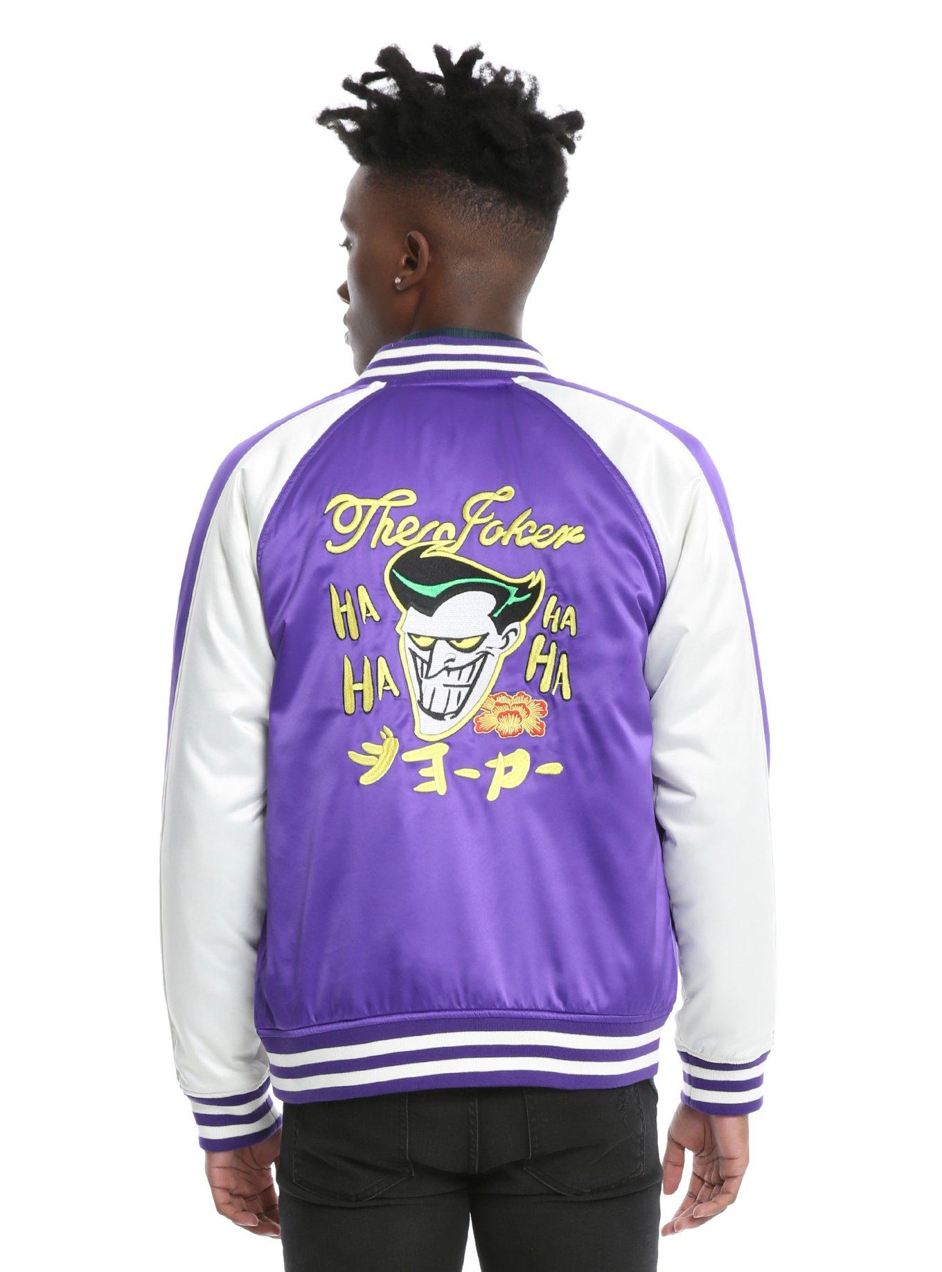 DC Comics The Joker Satin Souvenir Jacket, PURPLE, hi-res