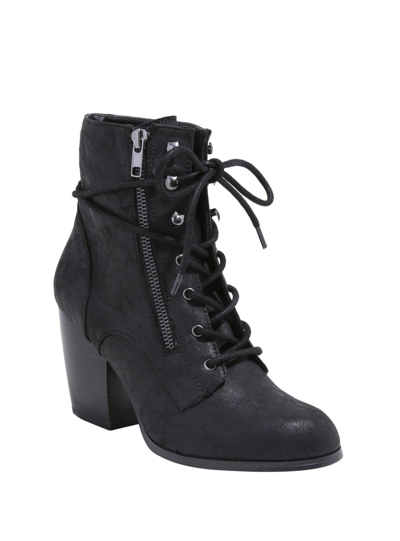 Black Lace-Up Zipper Booties, BLACK, hi-res