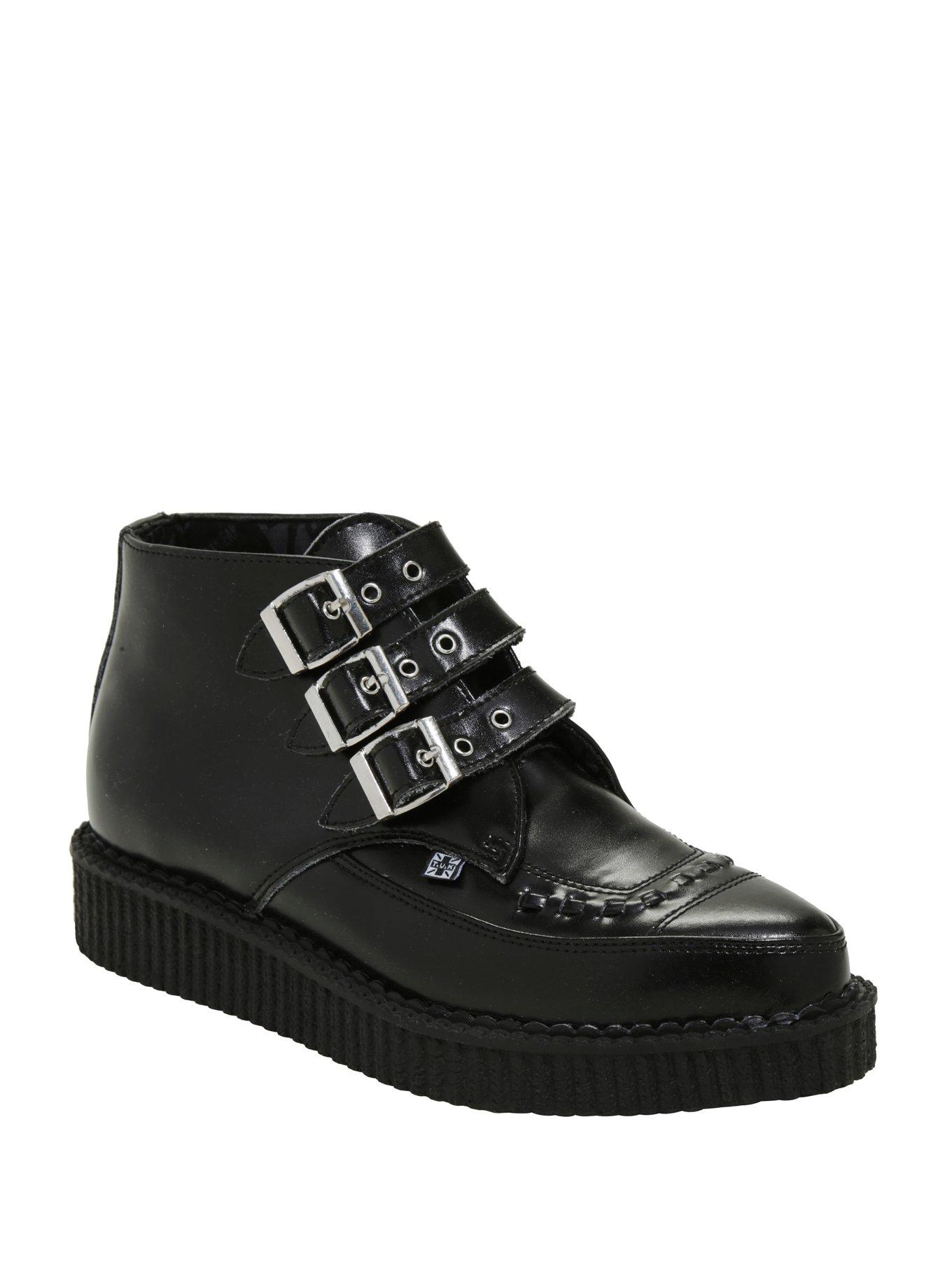 T.U.K. Black 3 Buckle Pointed Toe Creepers, BLACK, hi-res