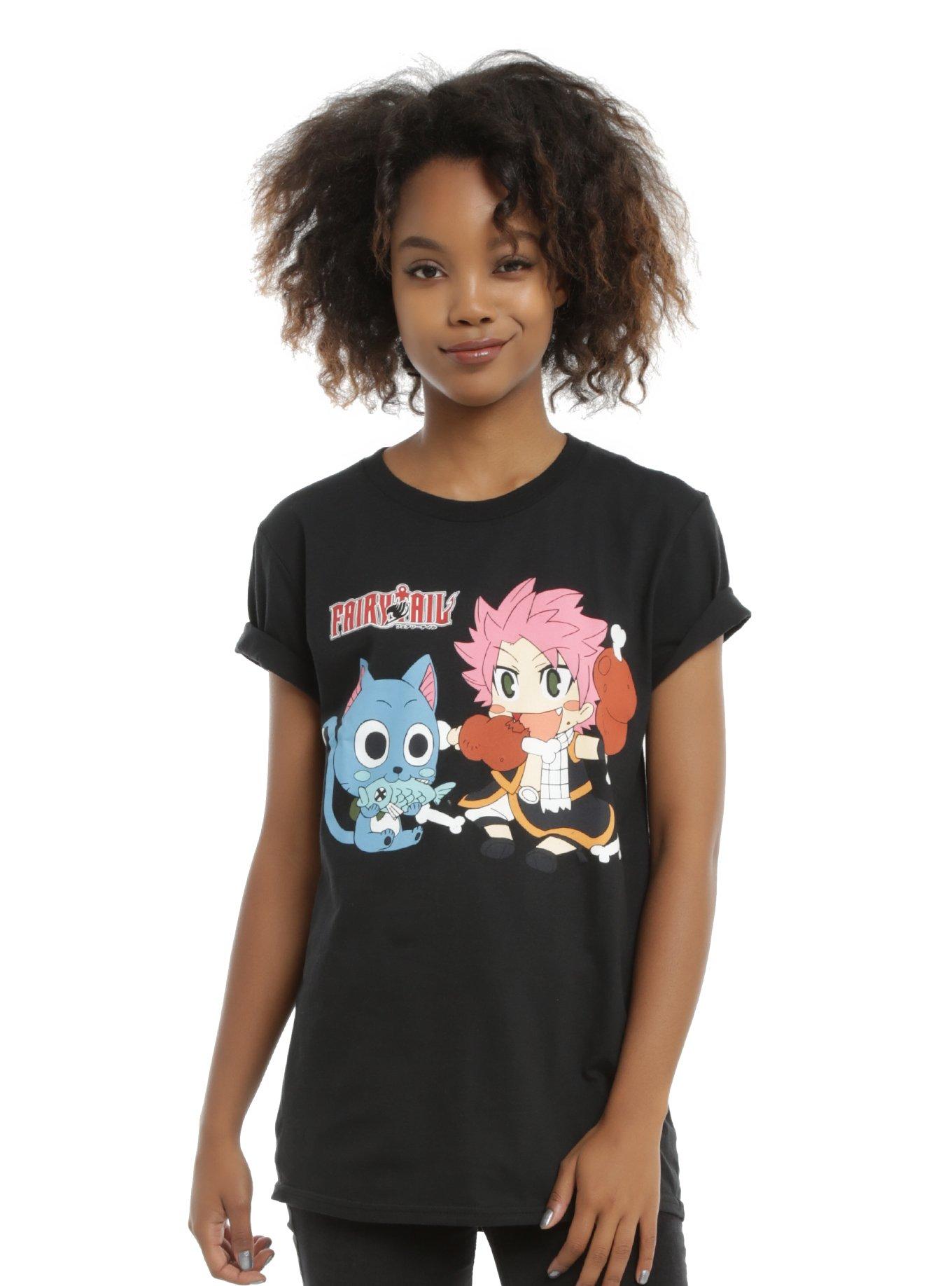 Fairy Tail Happy & Natsu Eating Girls T-Shirt, BLACK, hi-res