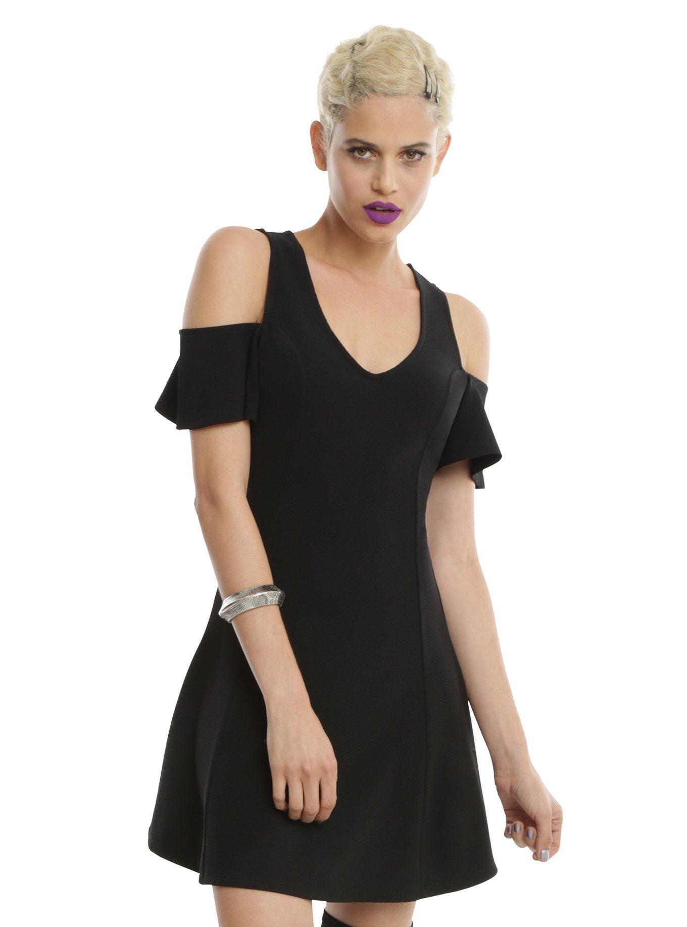 Almost Famous Black Cold Shoulder Ruffle Sleeve Dress, BLACK, hi-res