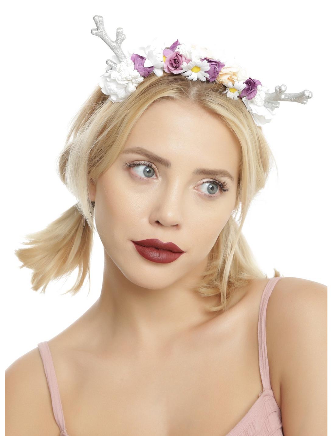 White Flower Silver Antler Headband, , hi-res