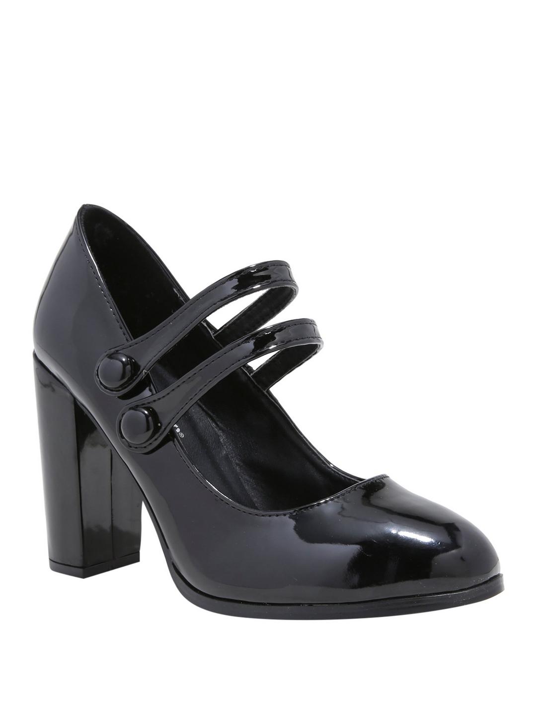 Black Round Toe Patent Leather Double Strap Mary Jane Heels, BLACK, hi-res