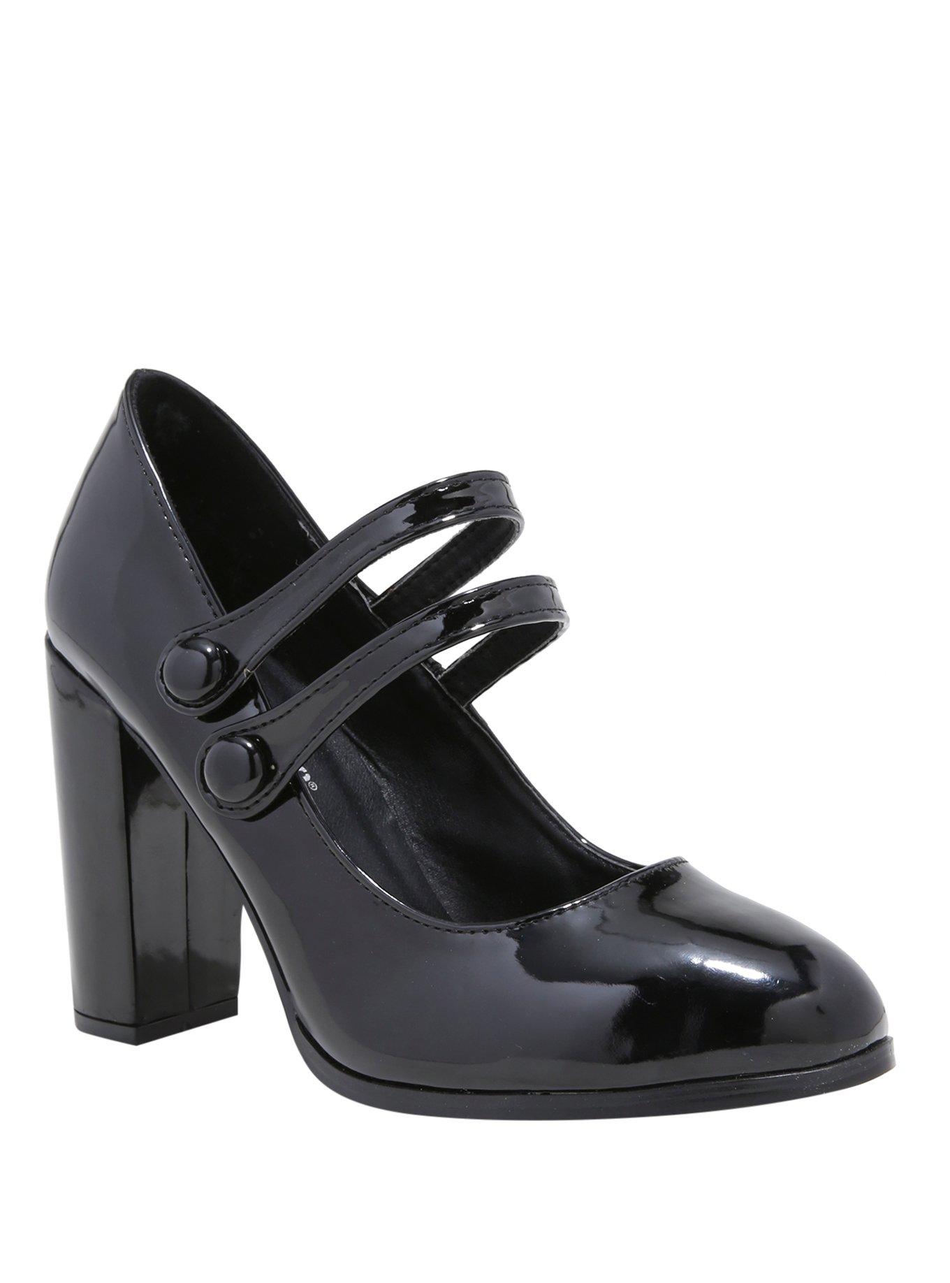 Black Round Toe Patent Leather Double Strap Mary Jane Heels | Hot Topic