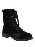 Black Crushed Velvet Combat Boots, BLACK, hi-res
