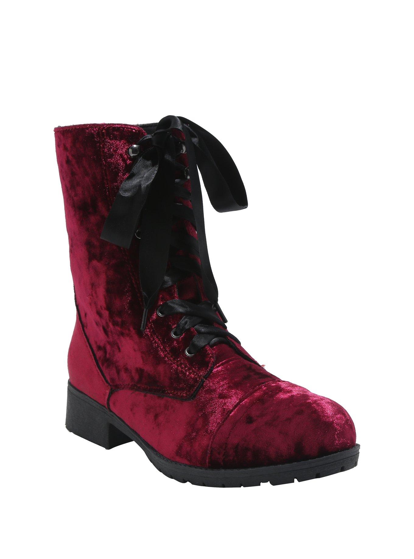 Burgundy velvet combat store boots