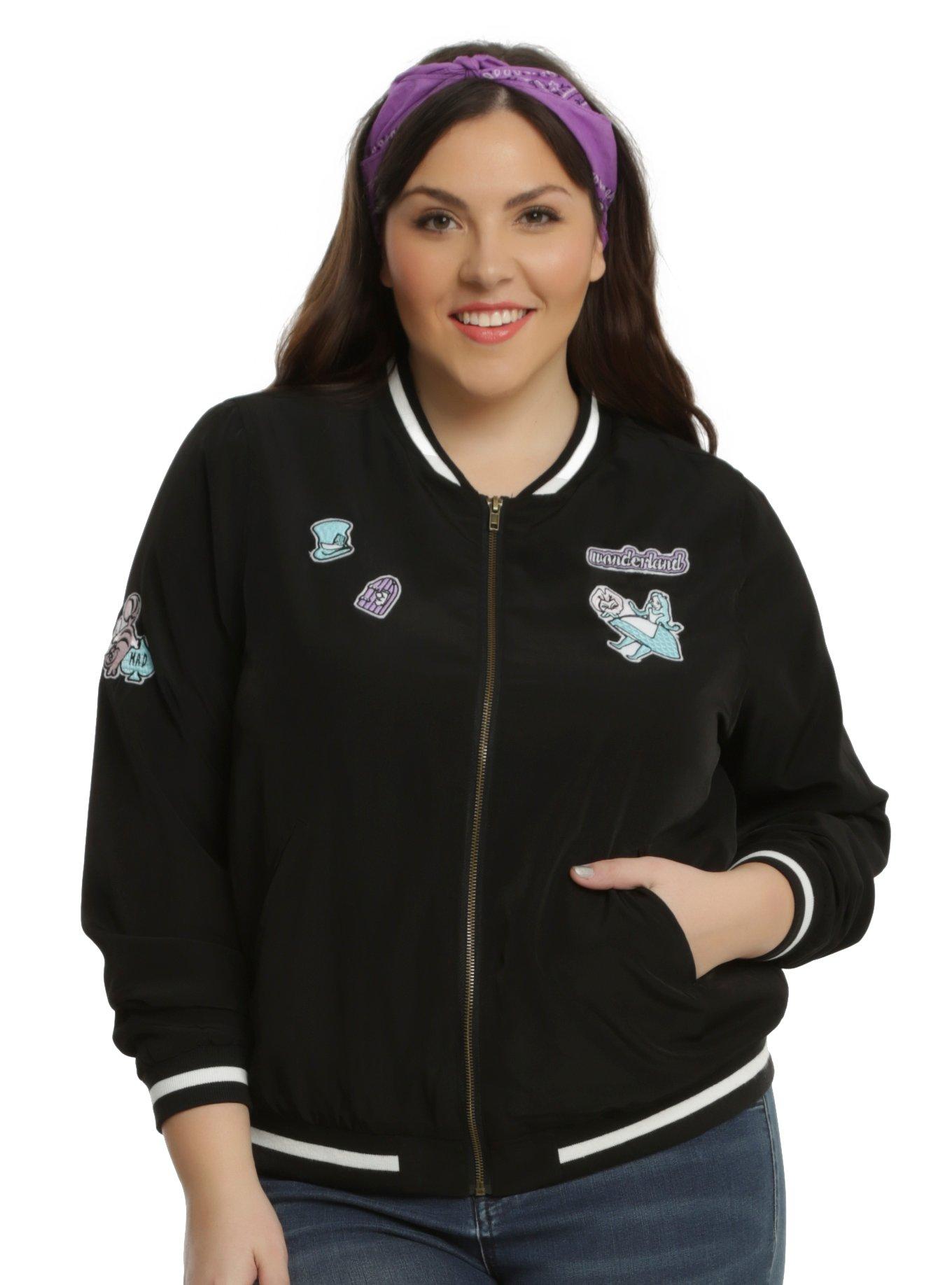 Disney Alice In Wonderland Patched Girls Satin Souvenir Jacket Plus Size, BLACK, hi-res