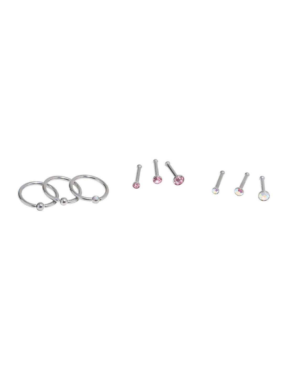 Steel Pink CZ Opal Nose Stud & Hoop 9 Pack, MULTI, hi-res