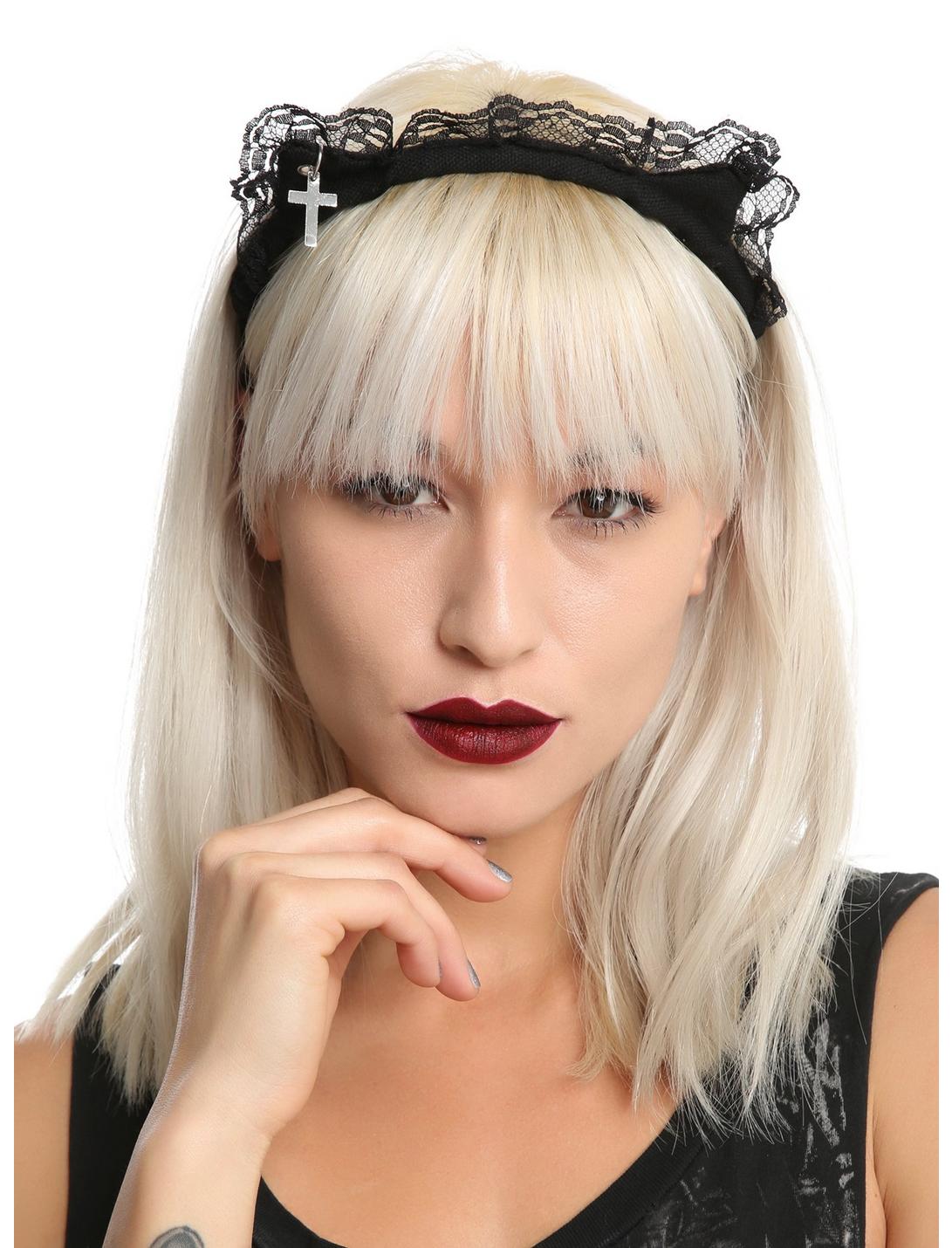 Black Lace & Silver Cross Cat Ear Headband, , hi-res